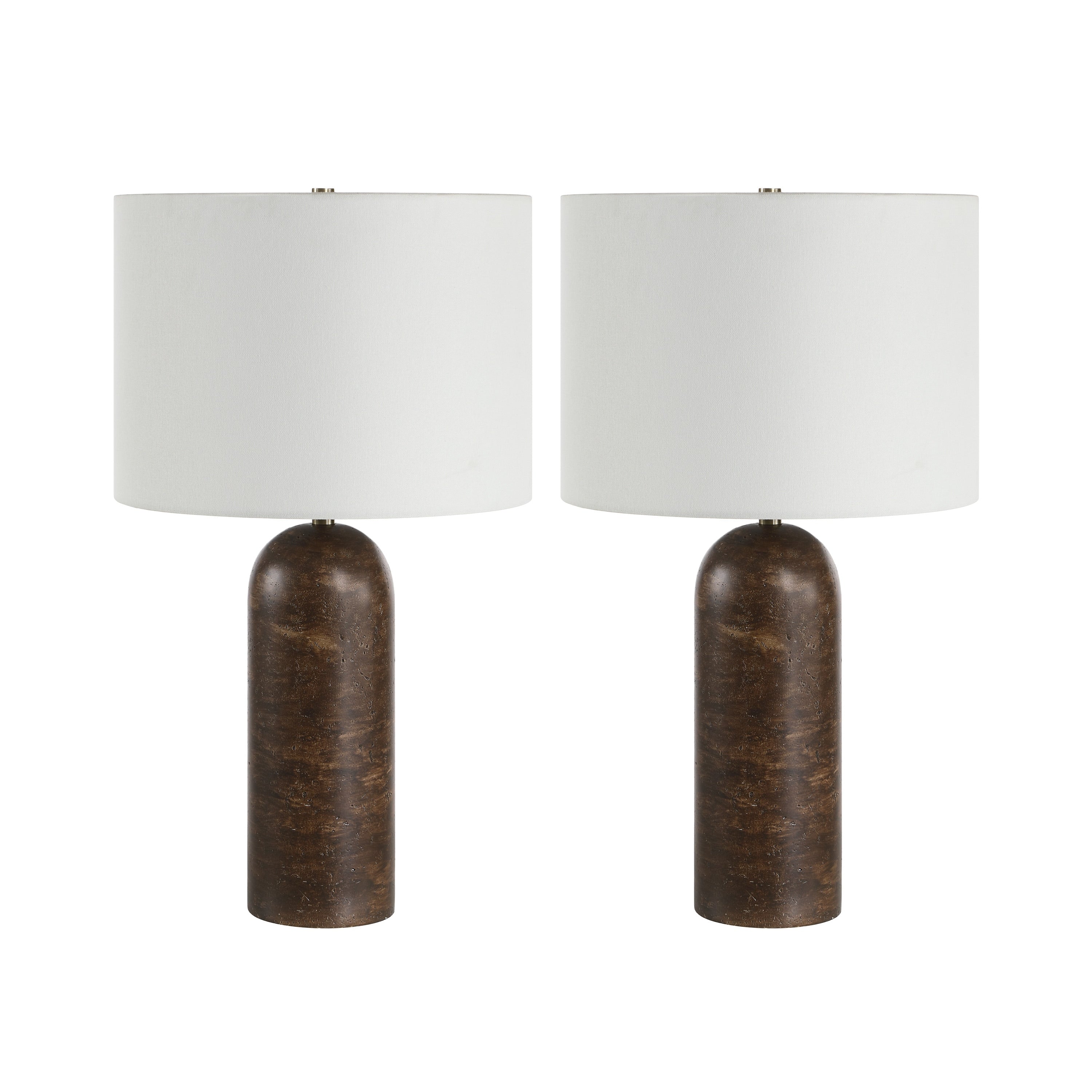 Everren Dorato 24.75 Tall Dark Brown Faux Travertine Table Lamp With Drum Linen Shade Set Of 2