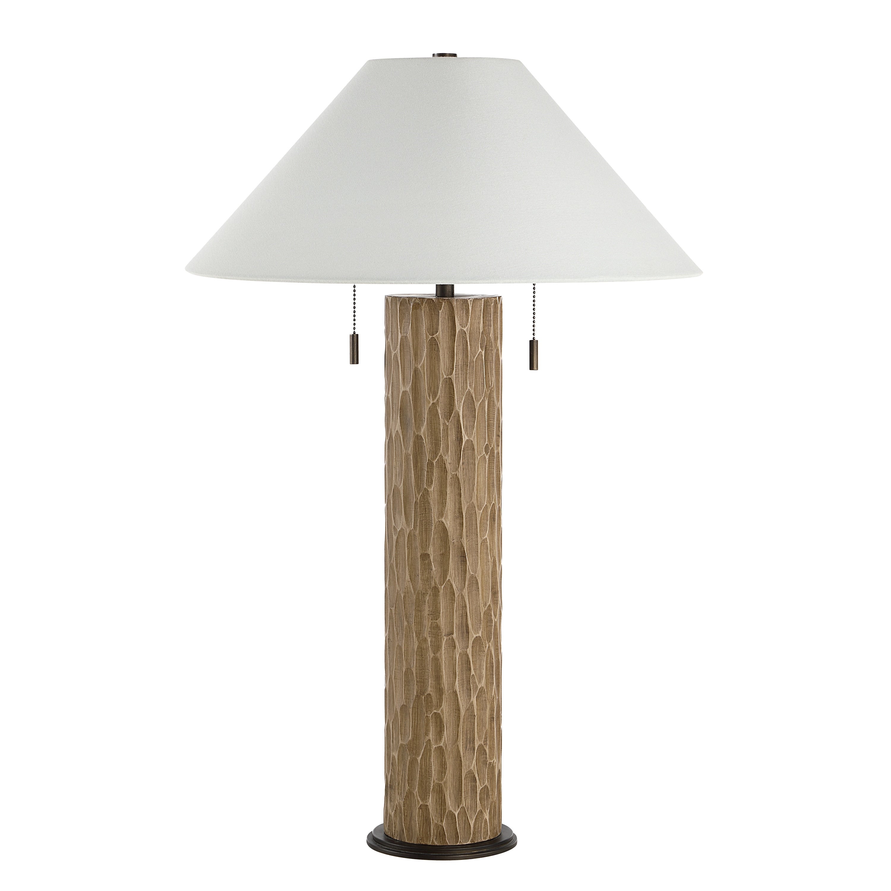 Everren Pino 30.5 Tall Carved Brown Oak Resin Table Lamp With Tapered Linen Shade