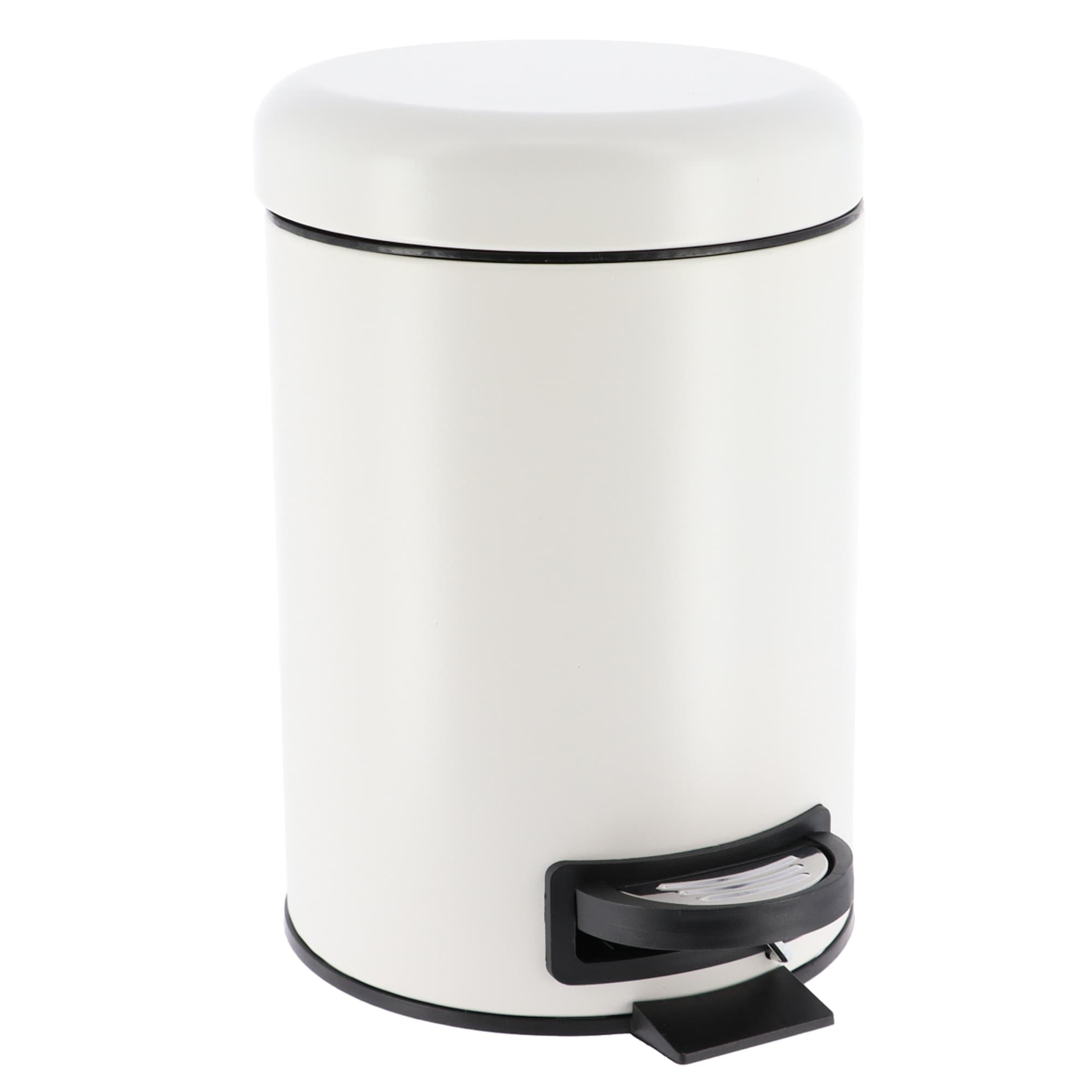 Evideco Soft Close Small Round Metal Bathroom Floor Step Trash Can Waste Bin 3 Liters 0.8 Gal White