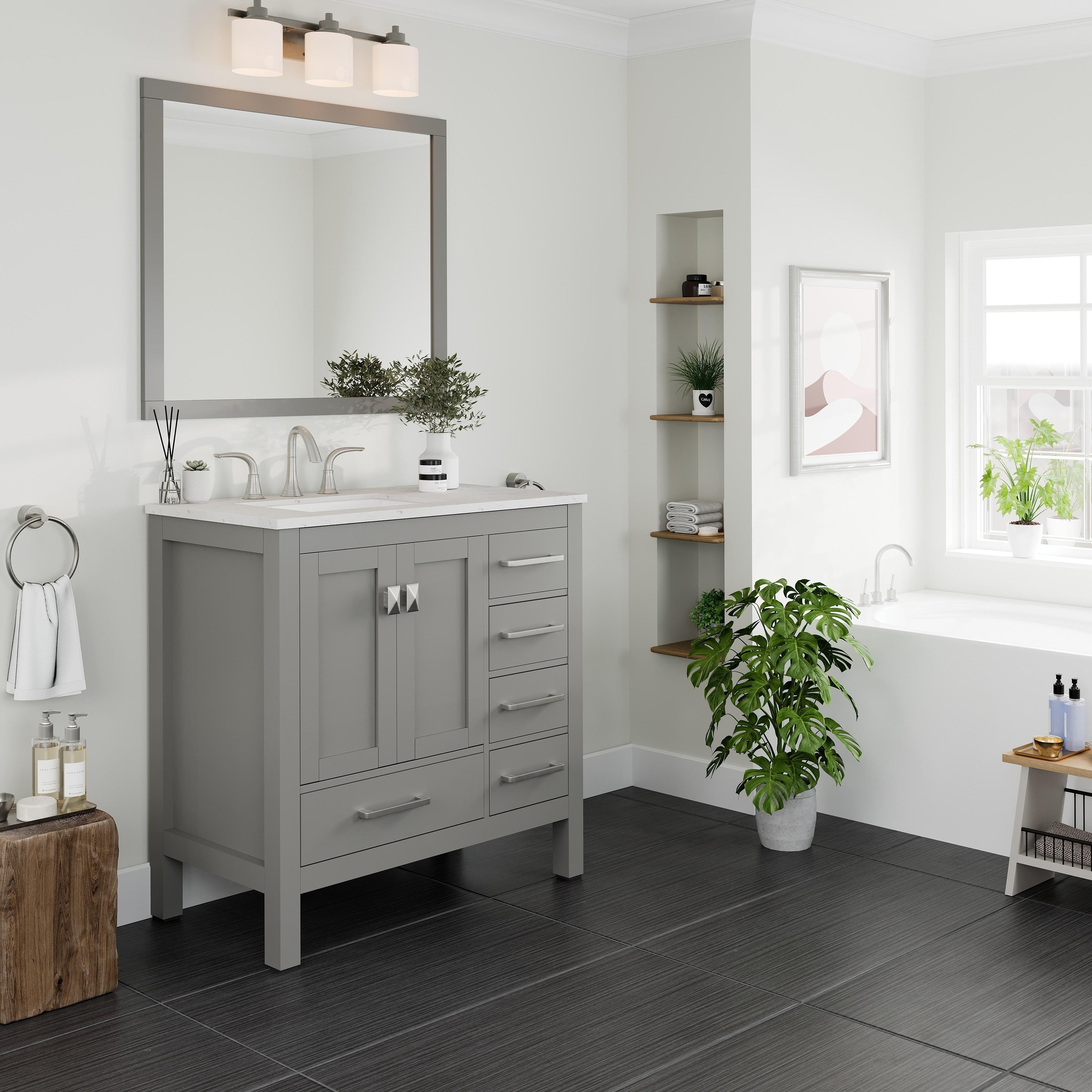 Eviva Aberdeen 36 Gray Transitional Bathroom Vanity W White Carrara Top