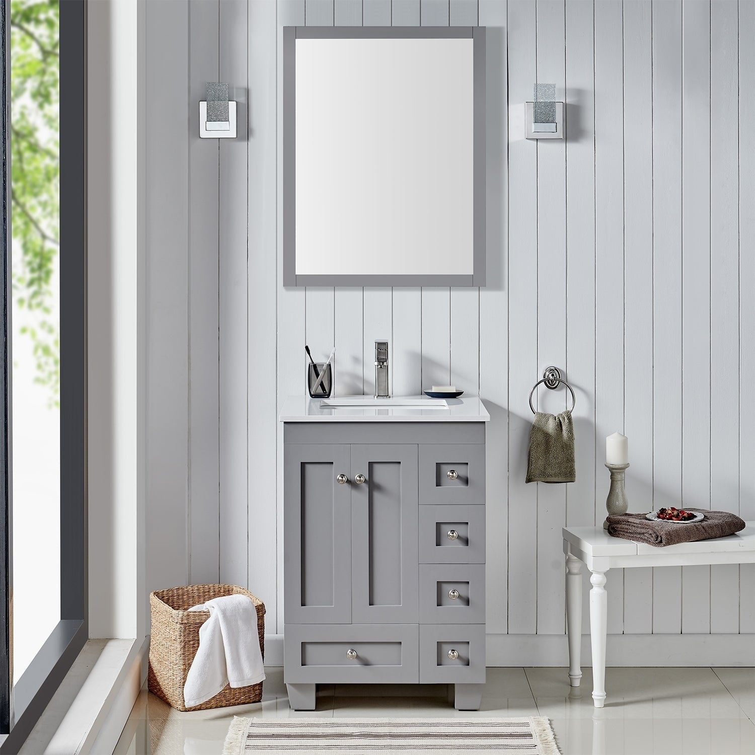 Eviva Acclaim C. 24 Transitional Grey Bathroom Vanity With White Carrera Marble Counter Top N A