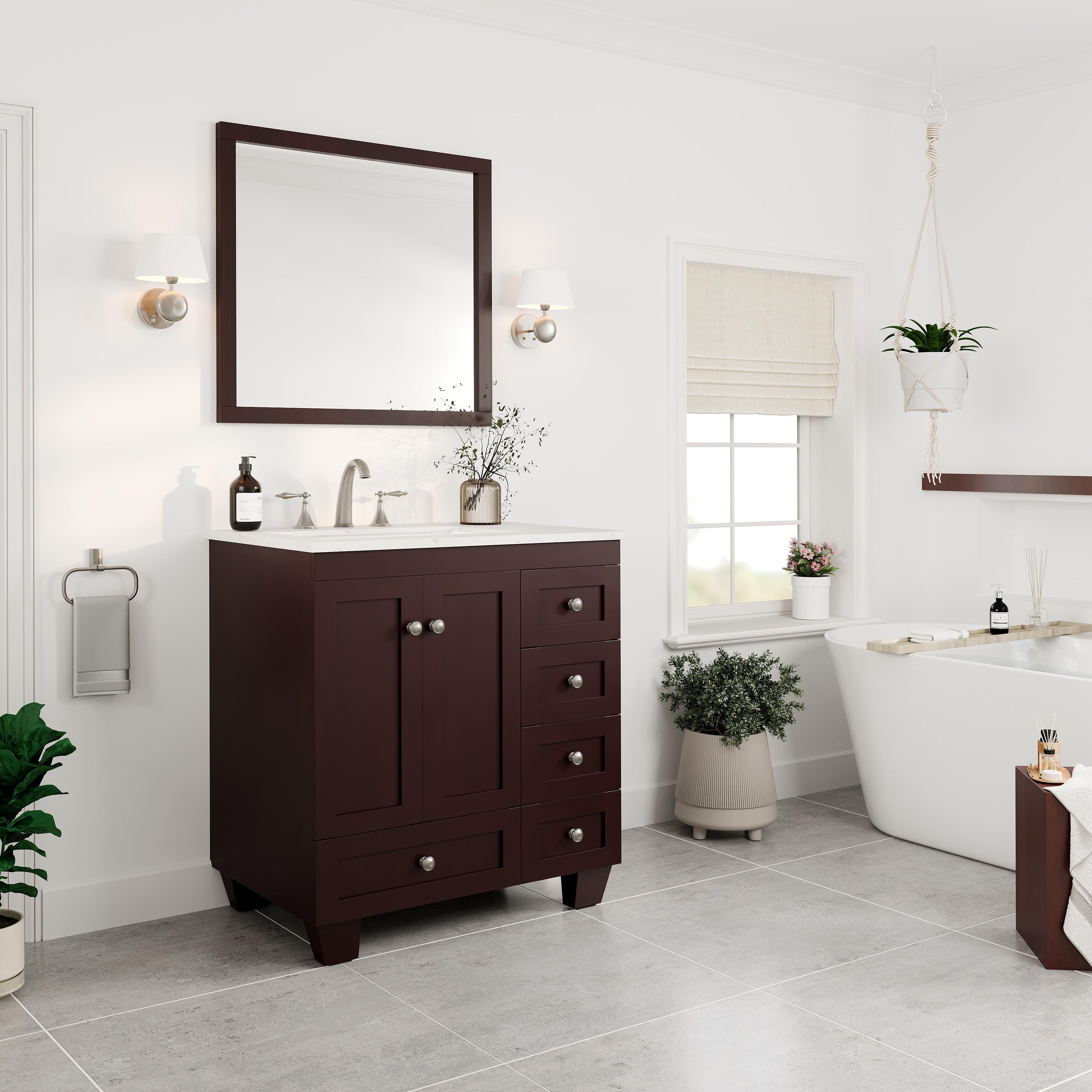 Eviva Acclaim C. 30 Transitional Teak Bathroom Vanity With White Carrera Marble Counter Top