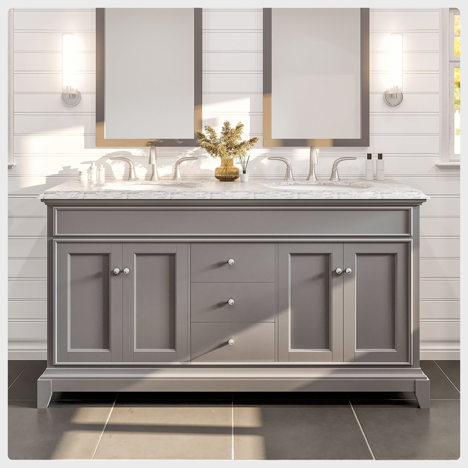 Eviva Elite Stamford 60 Gray Double Sink Bathroom Vanity W Double Ogee Edge White Carrara Top