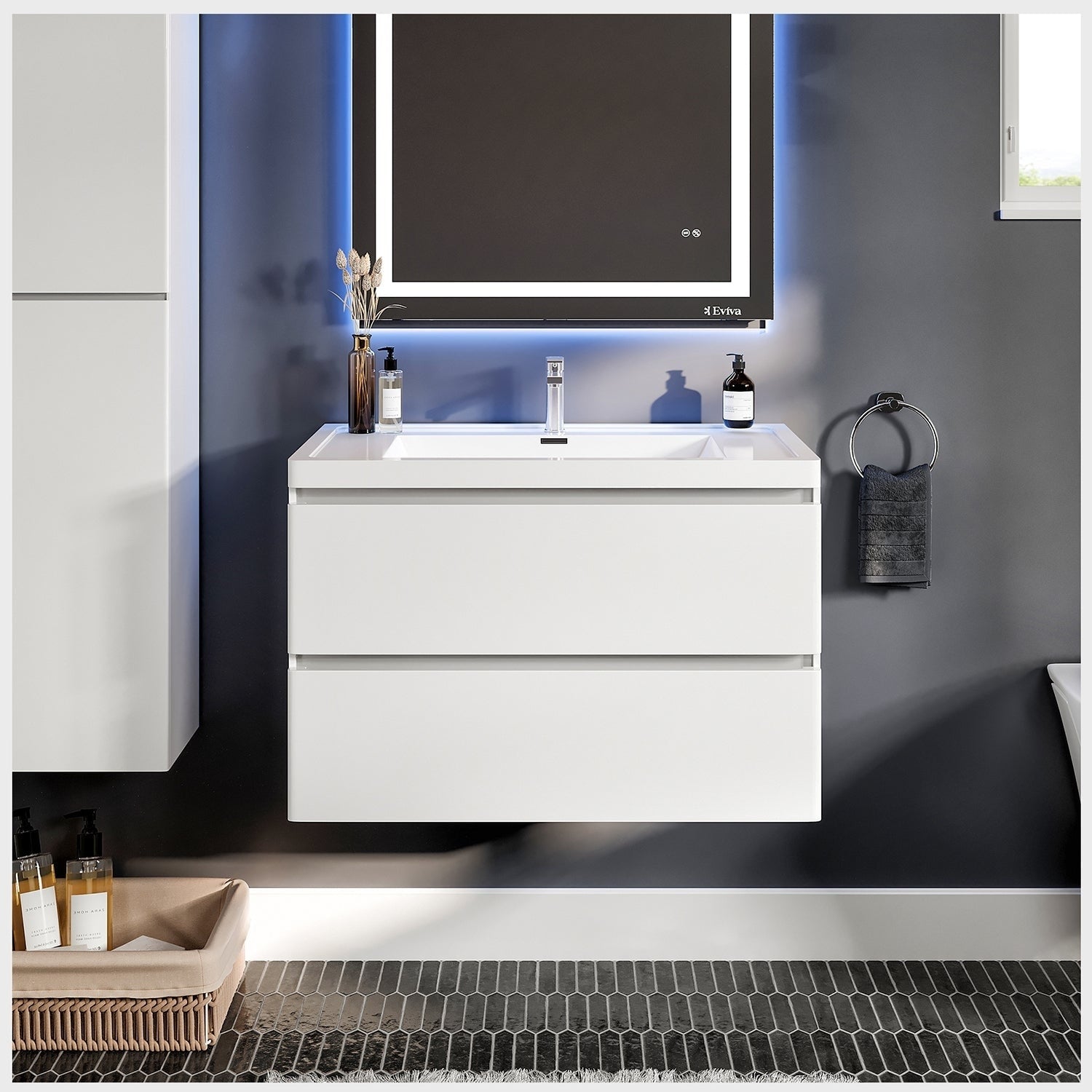 Eviva Glazzy 36 Inch Glossy White Wall Mount Modern Bathroom Vanity With White Integrated Acrylic Top