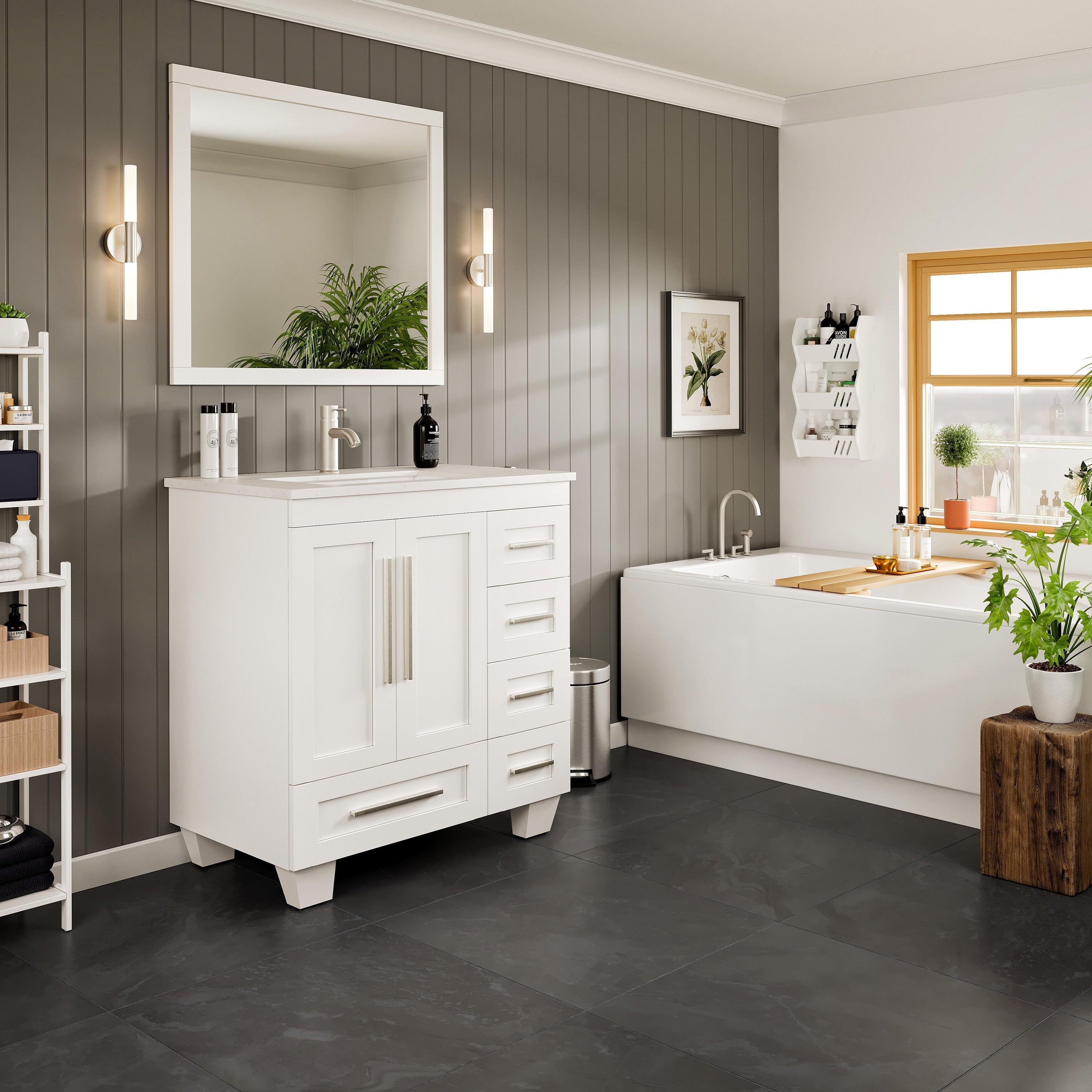 Eviva Loon Transitional White 30 Inch Bathroom Vanity With White Carrera Marble Countertop