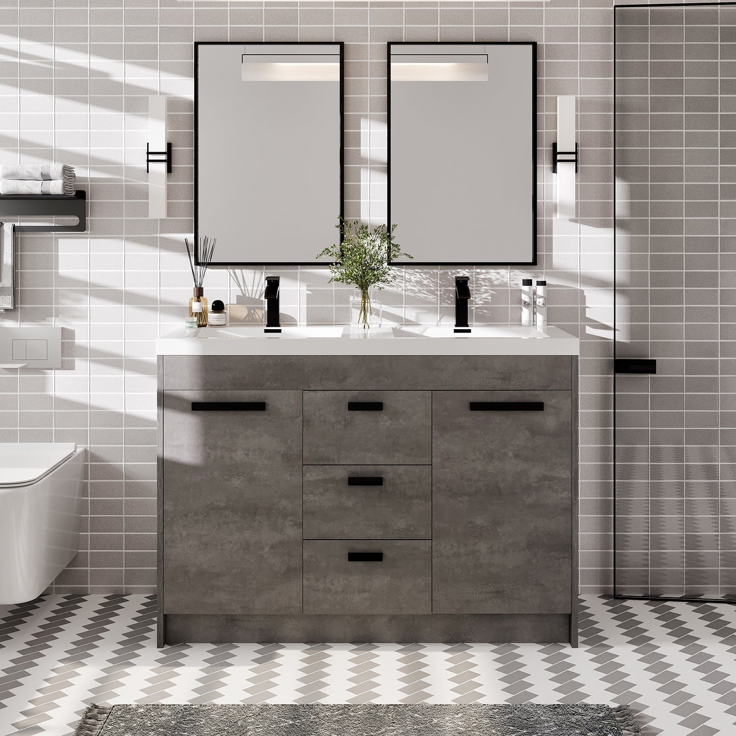 Eviva Lugano 48 Cement Gray Modern Double Sink Bathroom Vanity W White Integrated Top
