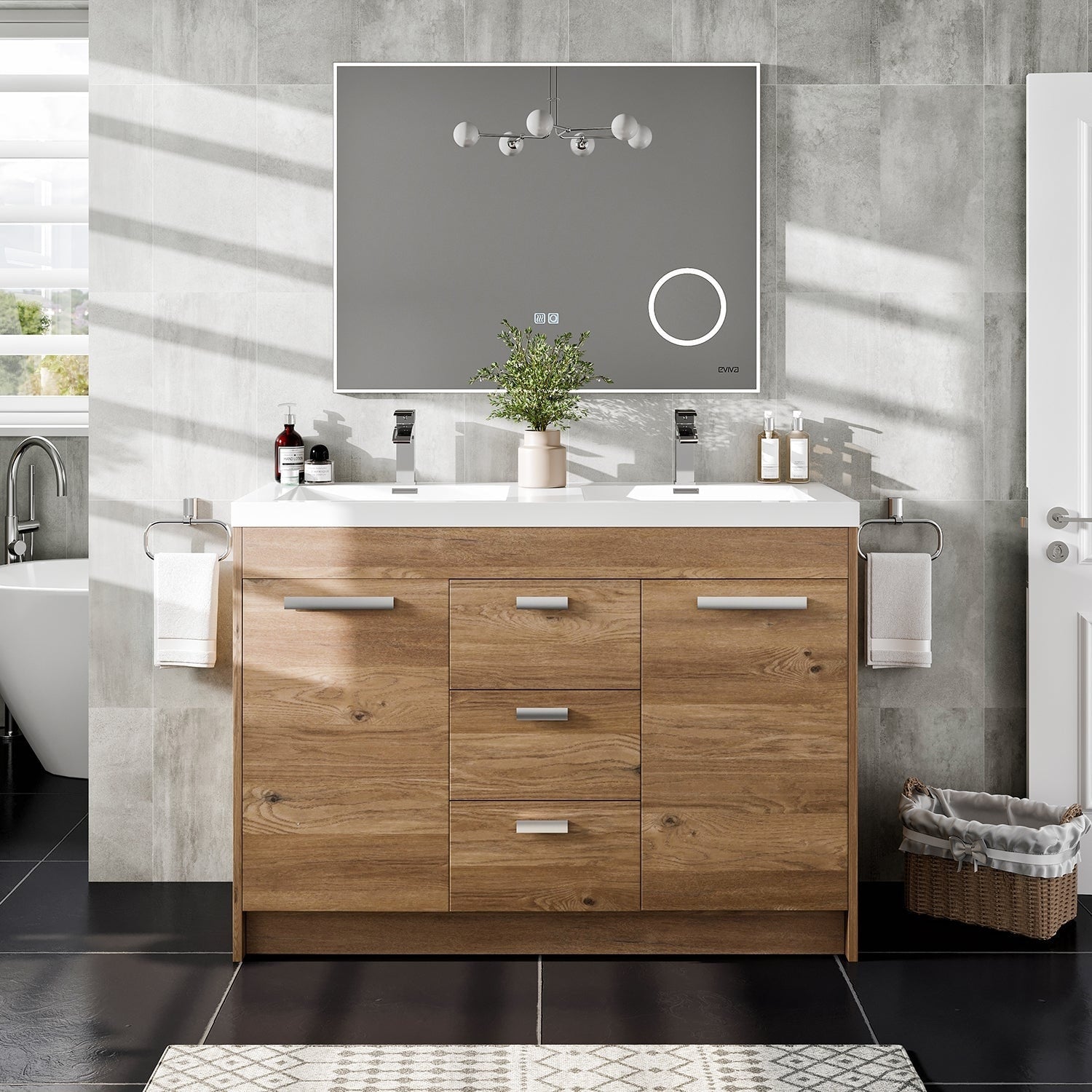 Eviva Lugano 48 Natural Oak Modern Double Sink Bathroom Vanity W White Integrated Top