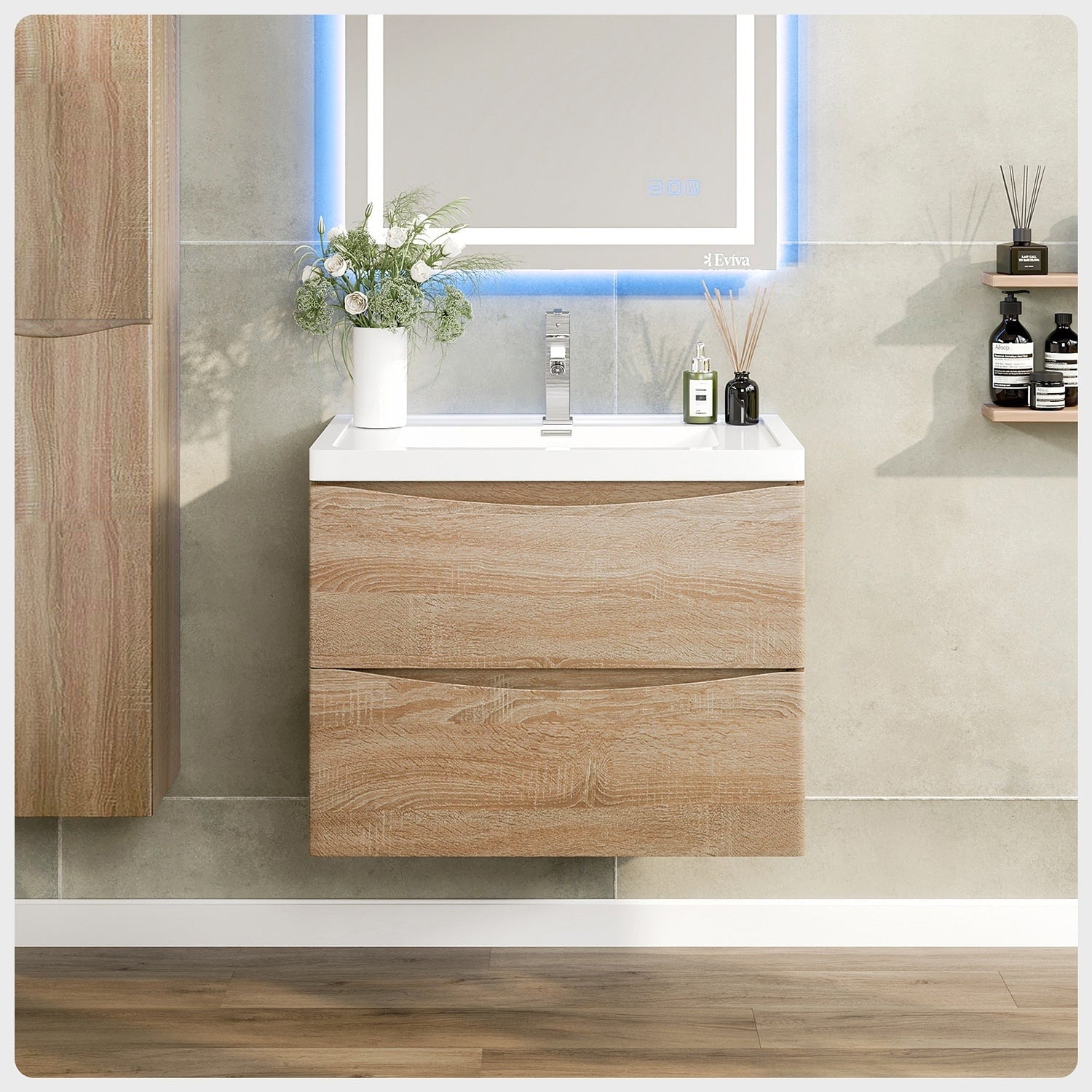 Eviva Smile White Oak 30 Inch Wall Mount Bathroom Vanity Set With Integrated White Acrylic Sink