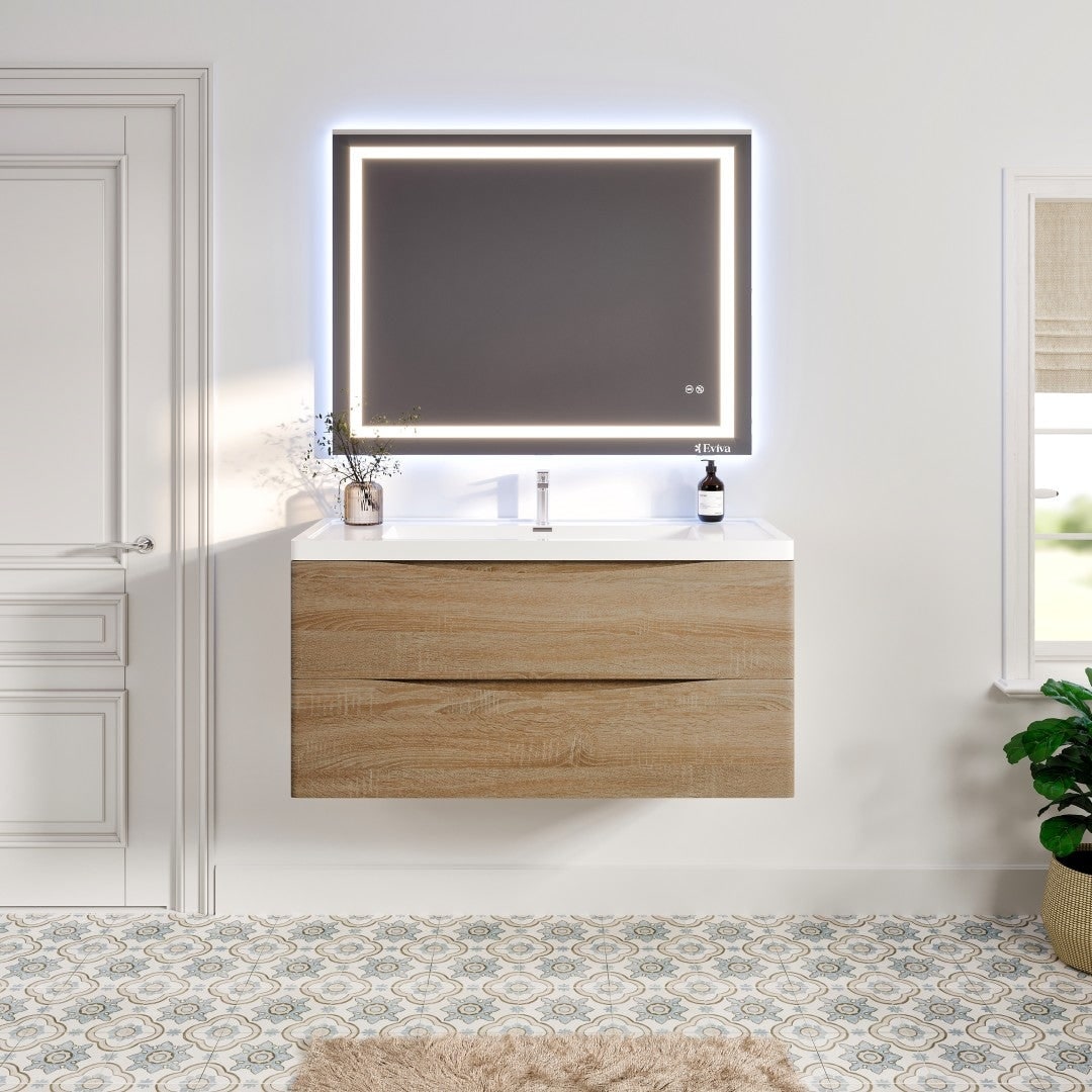 Eviva Smile White Oak 48 Inch Wall Mount Bathroom Vanity With White Acrylic Sink