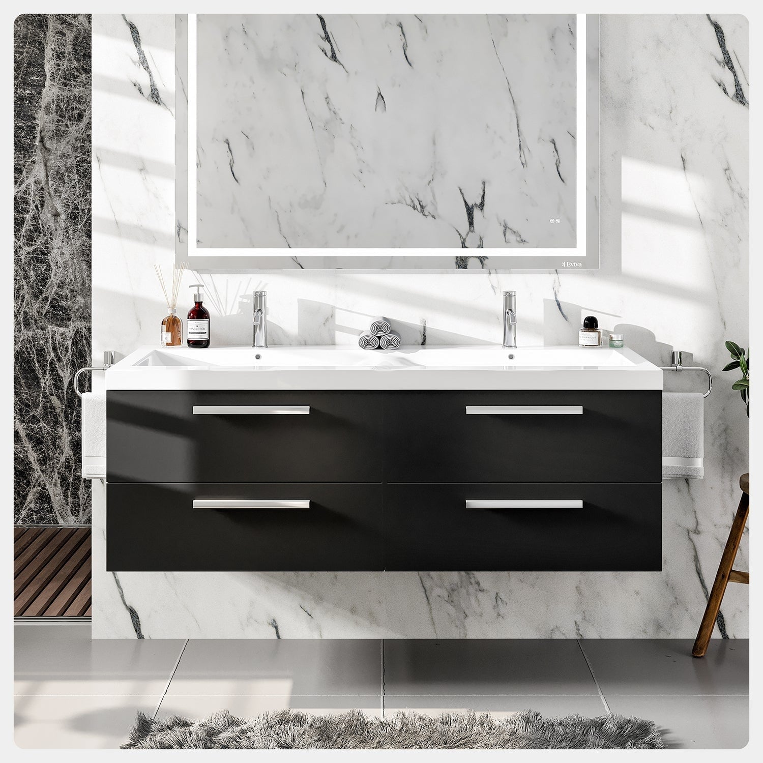 Eviva Surf 57 Inch Black Wood Modern Bathroom Vanity Set With Integrated White Acrylic Double Sink