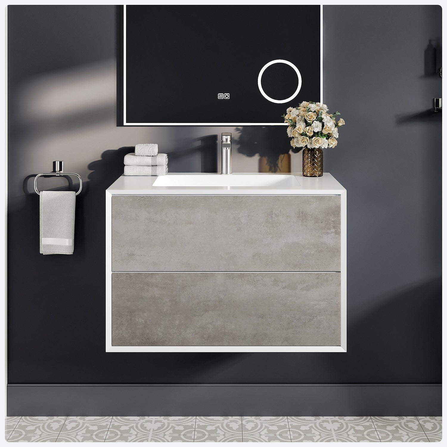 Eviva Vienna 36 In. Cement Grey And White Wall Mount Bathroom Vanity With White Integrated Acrylic Sink N A