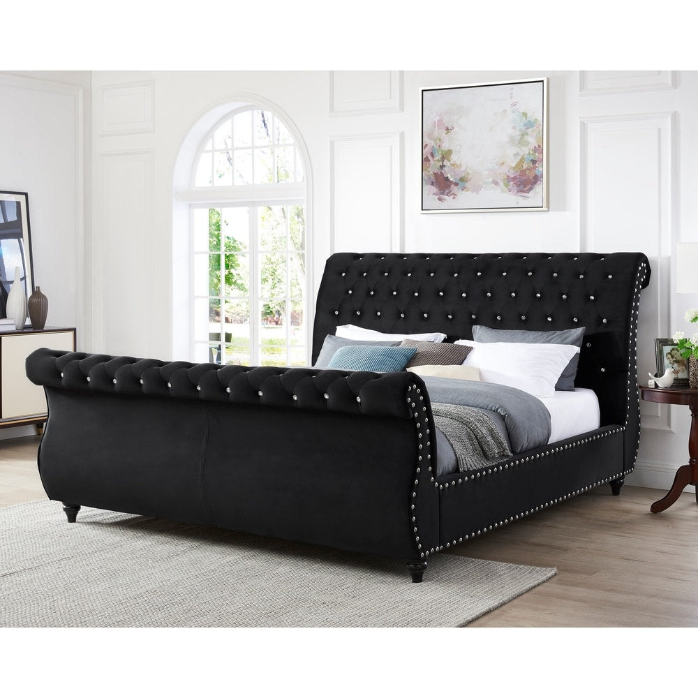 Gracewood Hollow Trivedi Black Velvet Upholstered Crystal Button Tufted Sleigh Bed