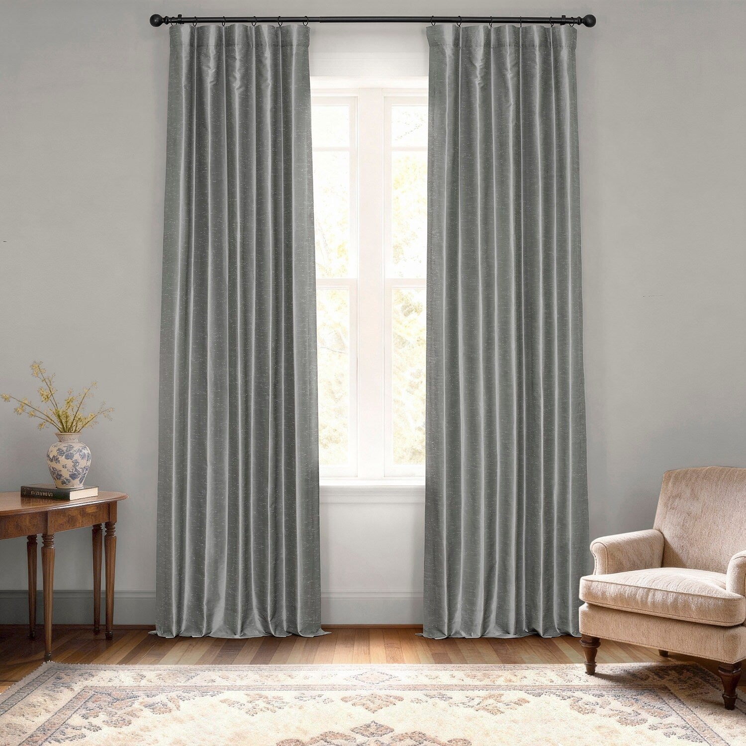 Exclusive Fabrics Storm Grey Vintage Faux Textured Dupioni Single Silk Curtain Panel