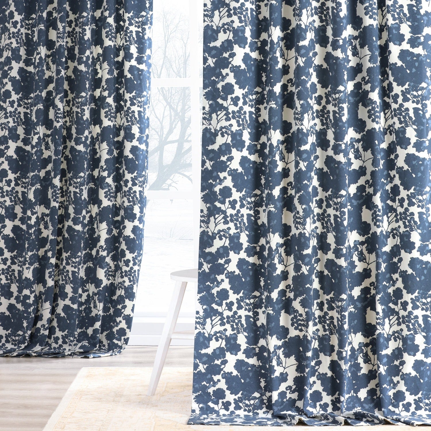 Exclusive Fabrics Fleur Blue Cotton Printed Single Curtain Panel