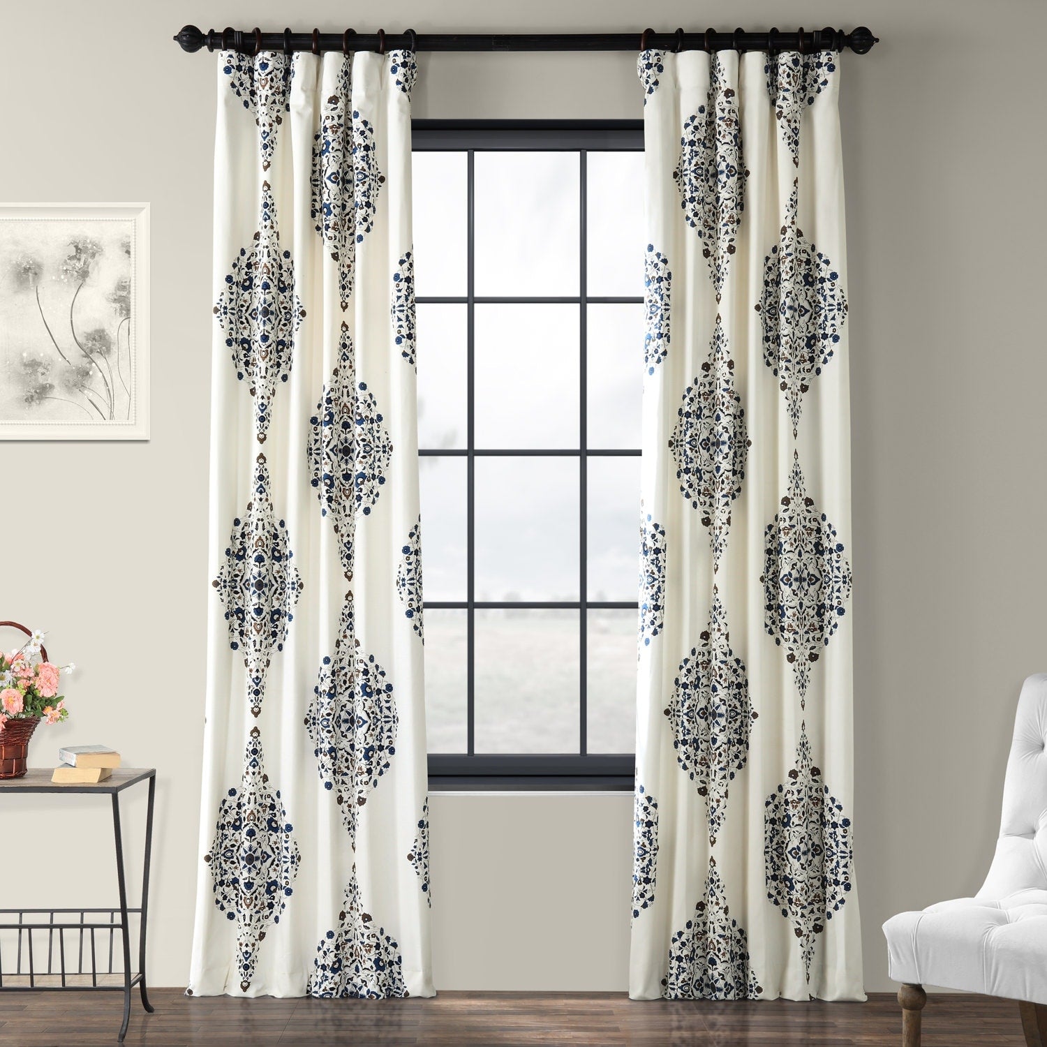 Exclusive Fabrics Kerala Blue Printed Cotton Twill Single Curtain Panel