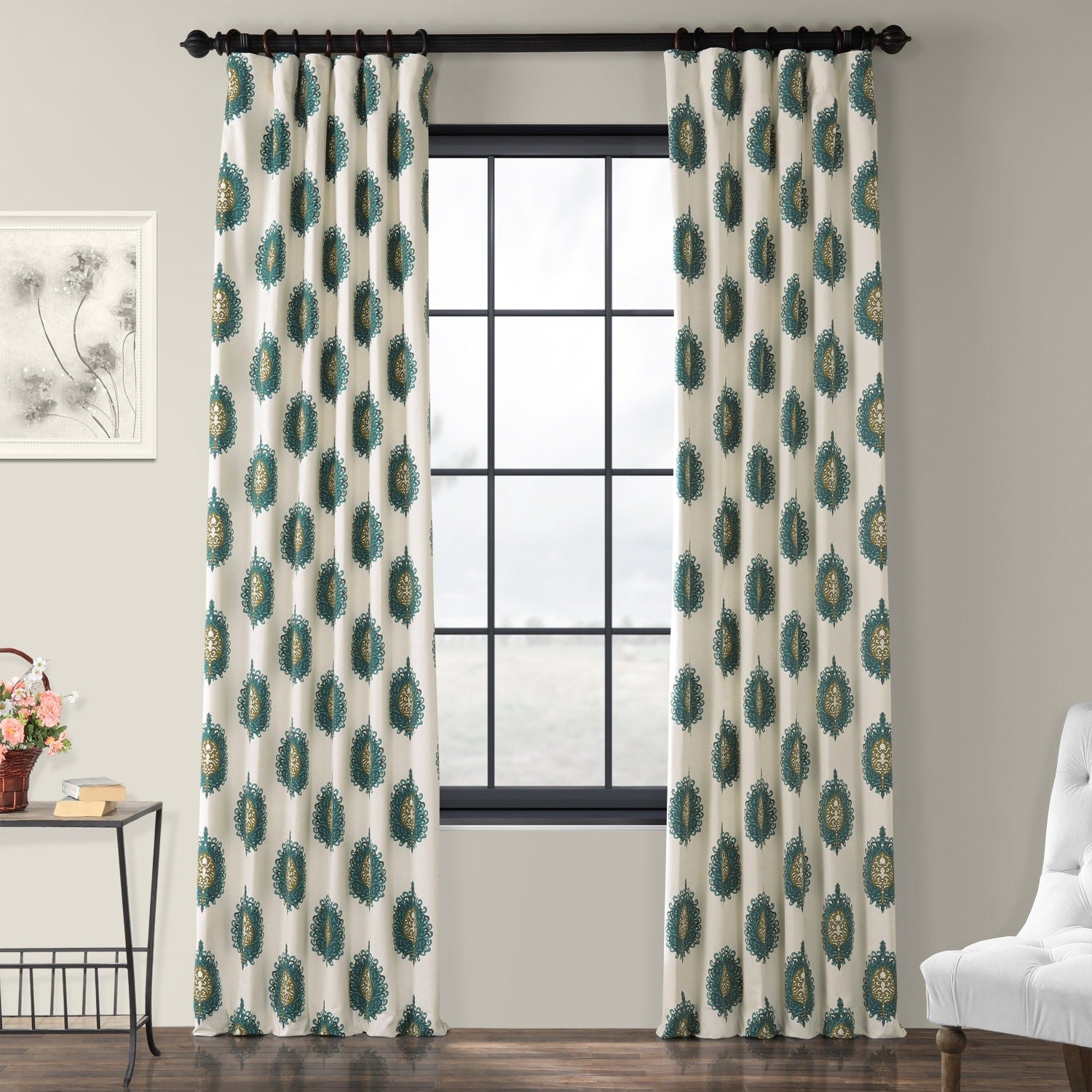 Exclusive Fabrics Teal Mayan Printed Cotton Curtain Panel