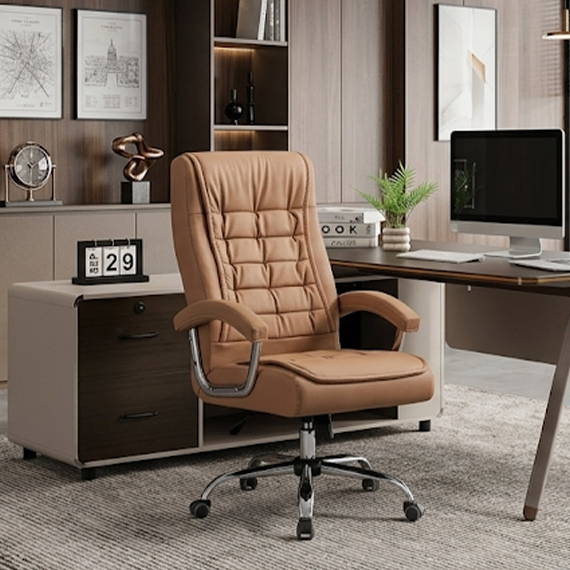 Executive Office Chair High Back Desk Chair With Spring Seat Cushion Ergonomic Swivel Computer Chair With Chrome Armrests