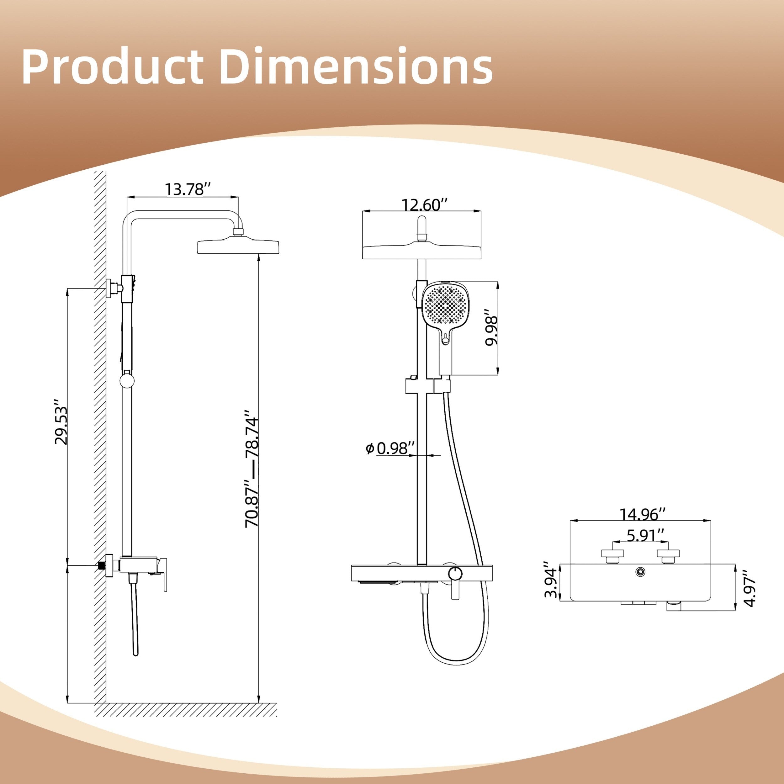 5 Way Exposed Shower System With Push Button Diverter Square Rain Head Slide Bar Handheld Waterfall Tub Spout Solid Brass