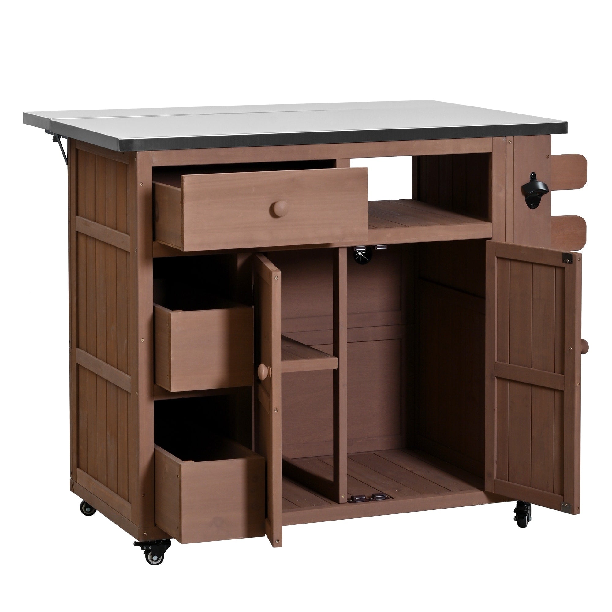 Extendable 41.9 Outdoor Kitchen Island With Stainless Steel Top And Side Spice Rack Kitchen Cart With Drawers Storage Cabinet