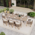 Extendable Aluminum Patio Dining Set Acacia Wood Rope Woven Outdoor Chairs With Removable Polyester Cushions