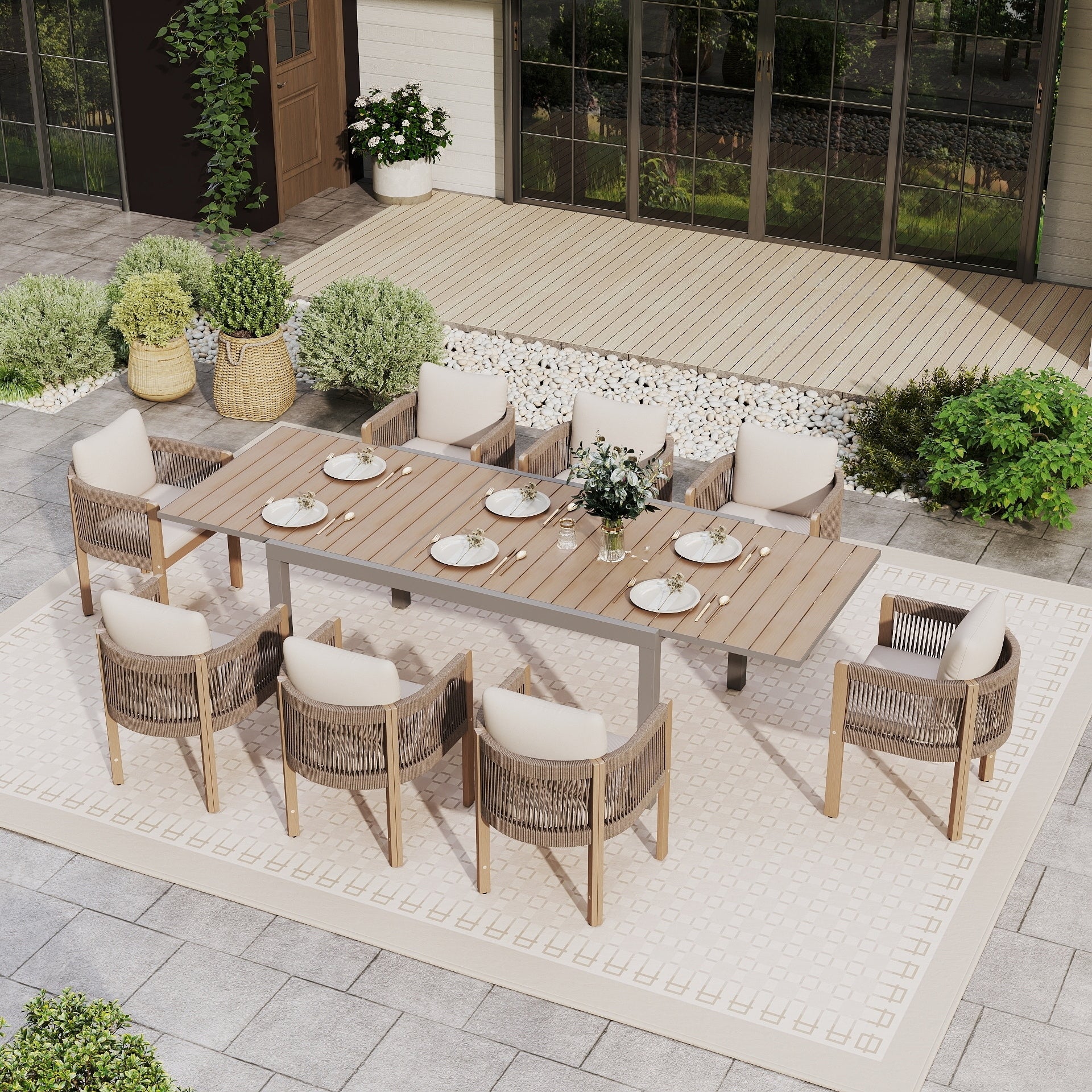 Extendable Aluminum Patio Dining Set Acacia Wood Rope Woven Outdoor Chairs With Removable Polyester Cushions