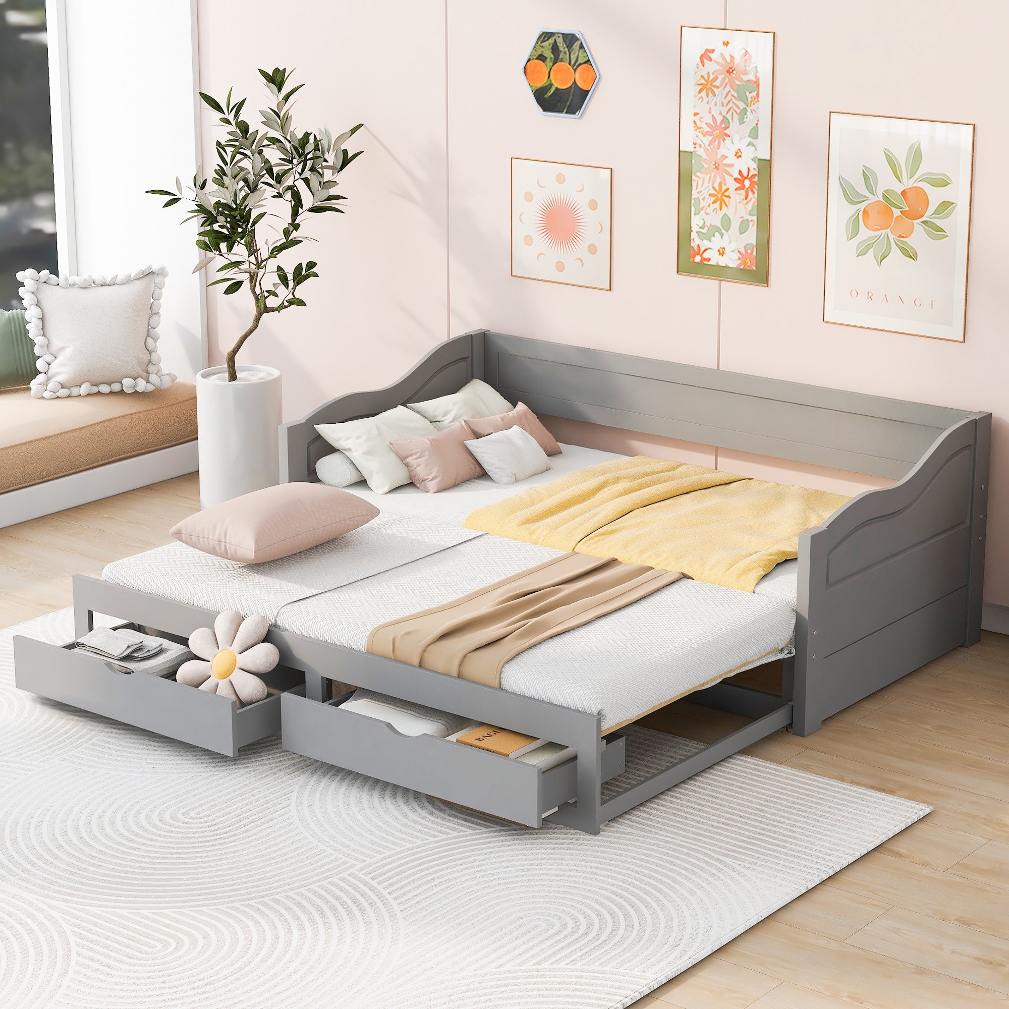 Extendable Bed Daybed With Trundle Bed And 2 Storage Drawers