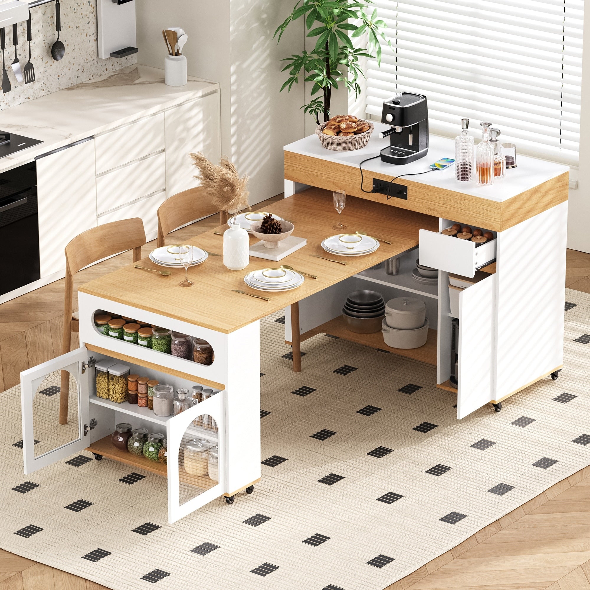 Extendable Dining Table With Extra Long Folding Top Rolling Kitchen Island With Drawers Power Outlet And Brake Lock