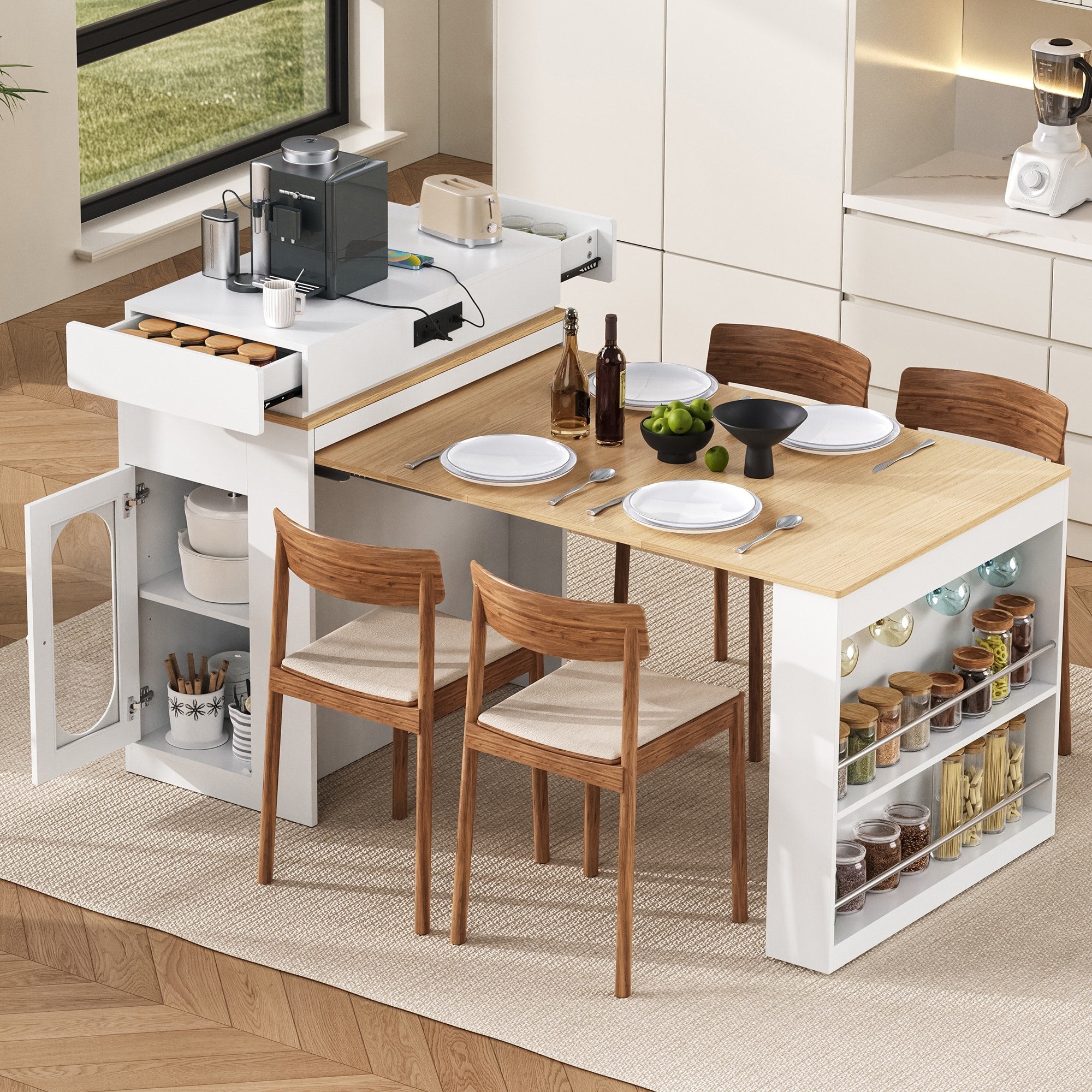 Extendable Dining Table With Folding Tabletop Bar Table With Drawers And Power Outlet Kitchen Island With Wheels And Hooks