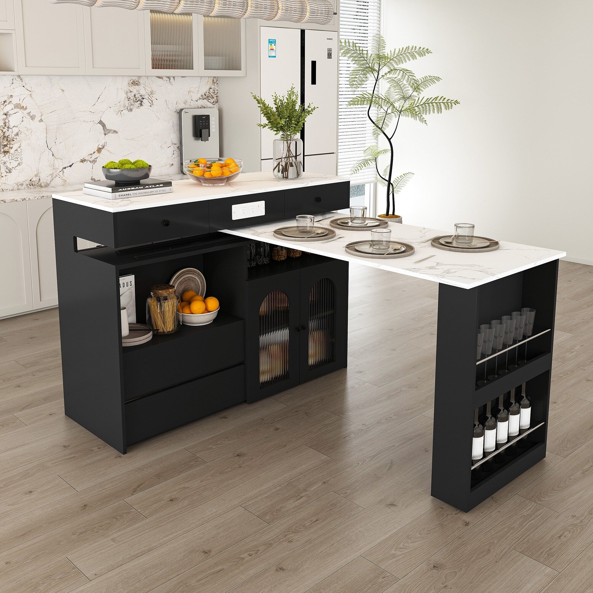 Extendable Kitchen Island Set With 2 Solid Wood Chairs