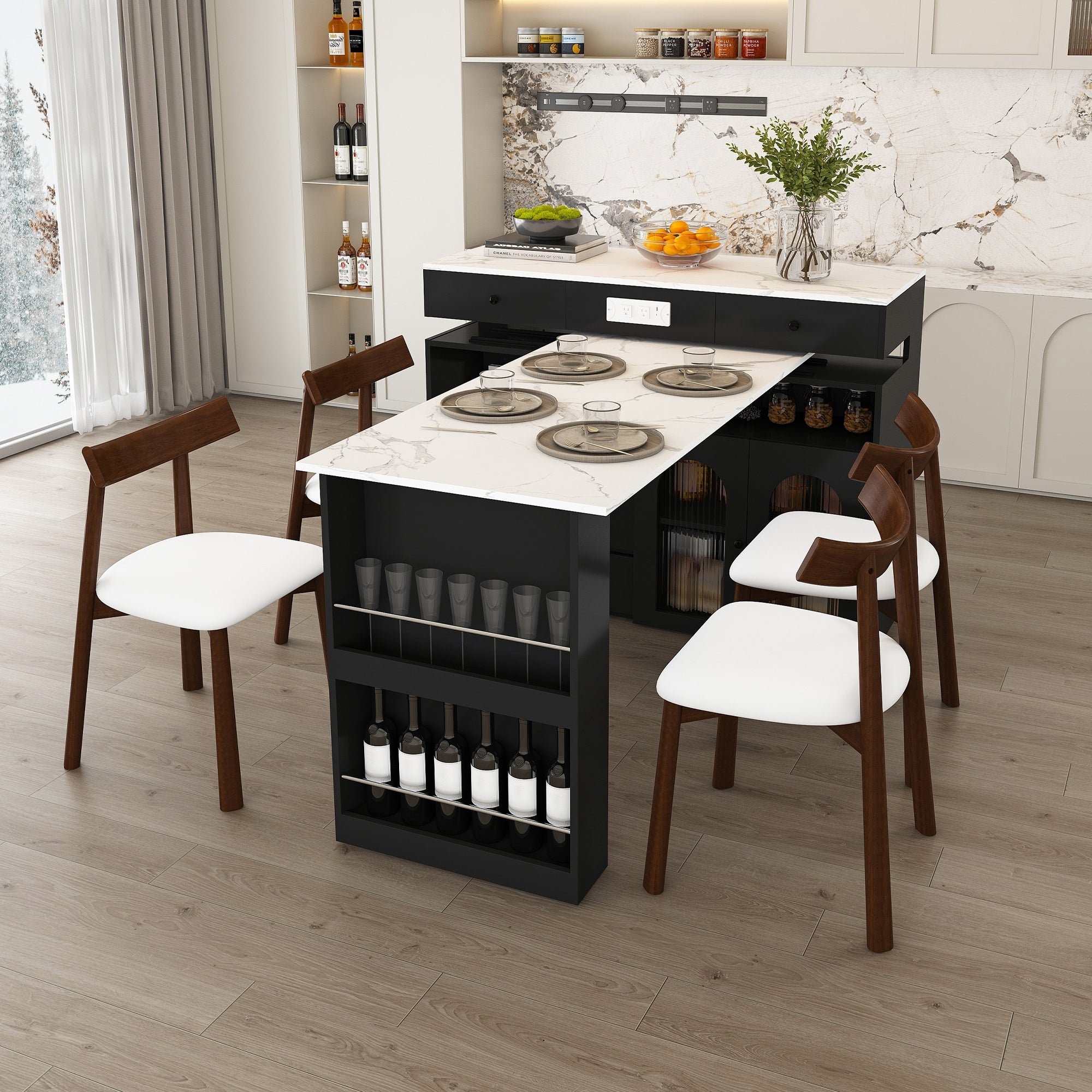 Extendable Kitchen Island Set With 4 Solid Wood Chairs