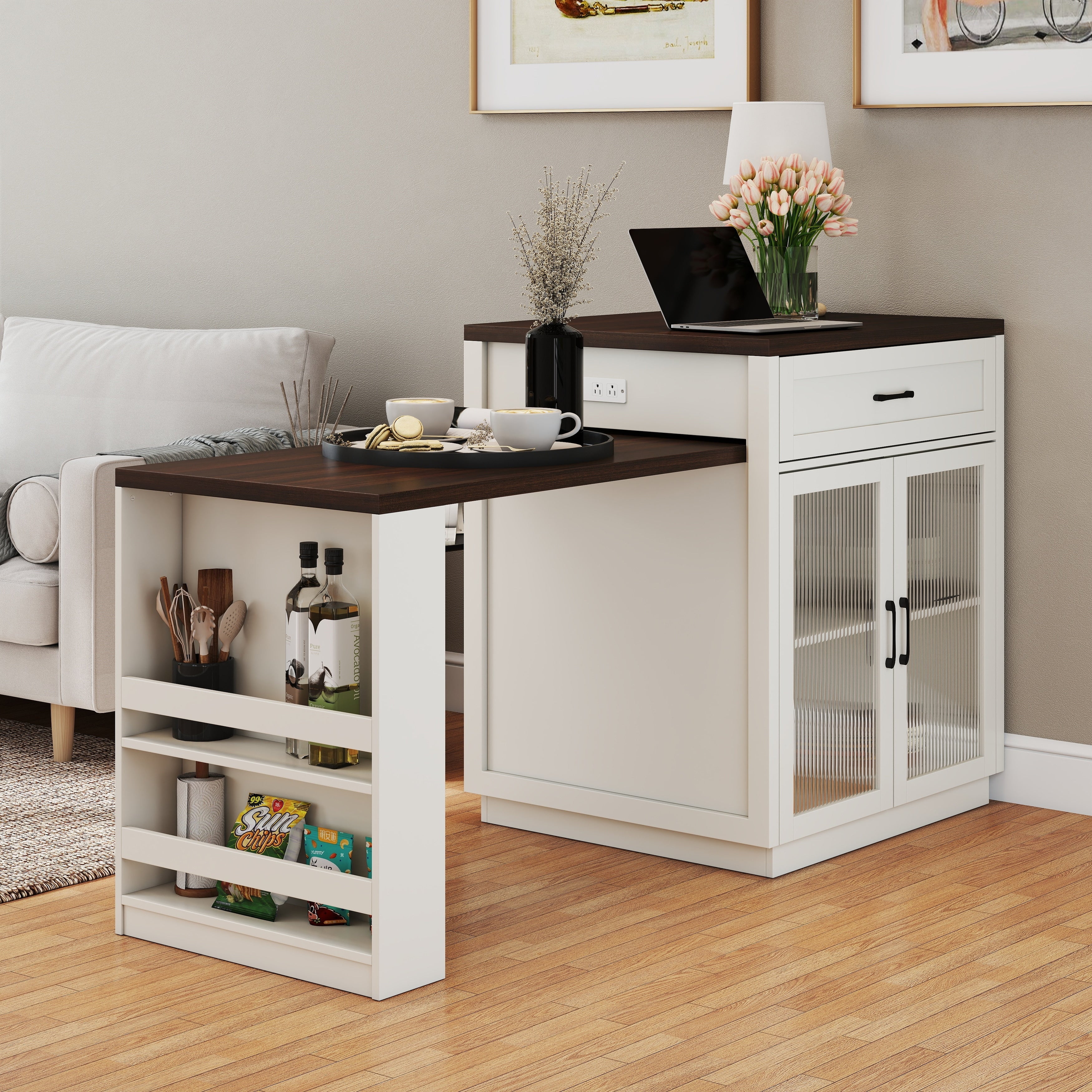 Extendable Kitchen Island With Slide Out Table And Storage Racks Kitchen Island With Drawer And Glass Doors