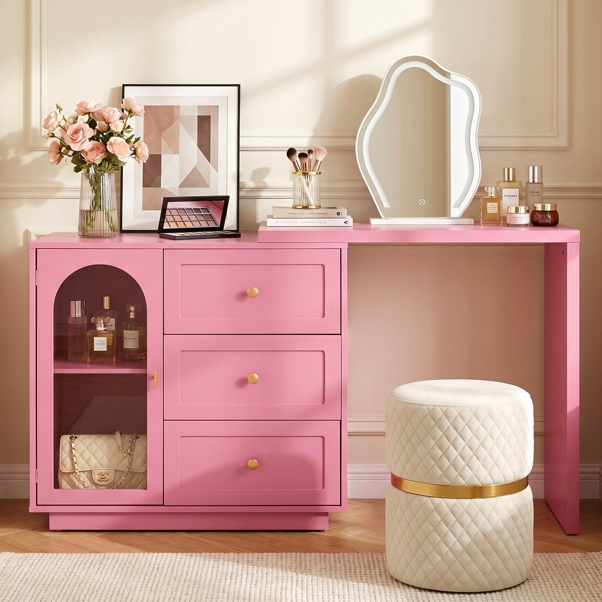 Extendable Makeup Vanity Desk With 3 Drawers 59 Or 83 Size 1 Or 2 Doors Pink