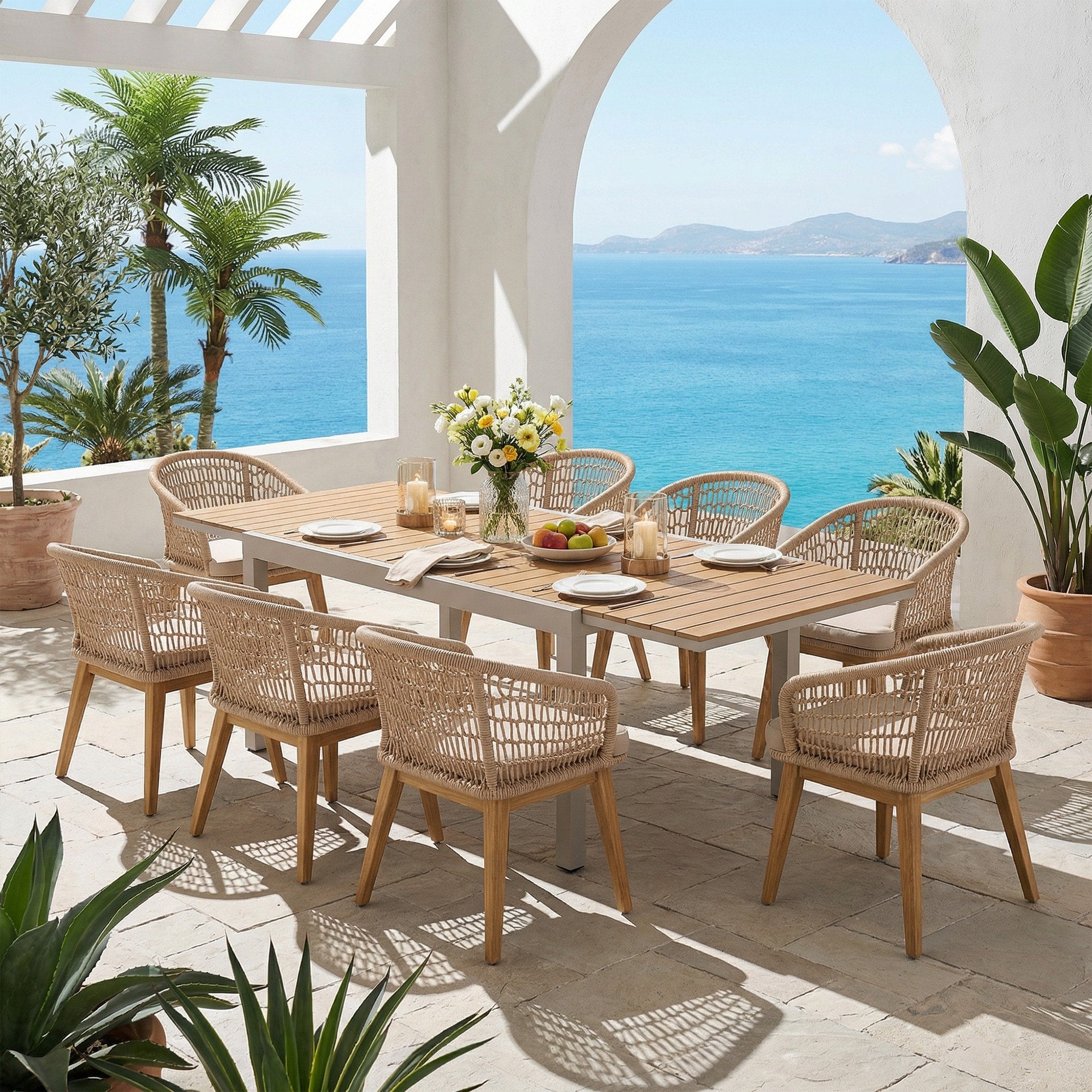 Extendable Outdoor Dining Set With Woven Rope Back Chairs With Cushions And All Weather Aluminum Patio Table
