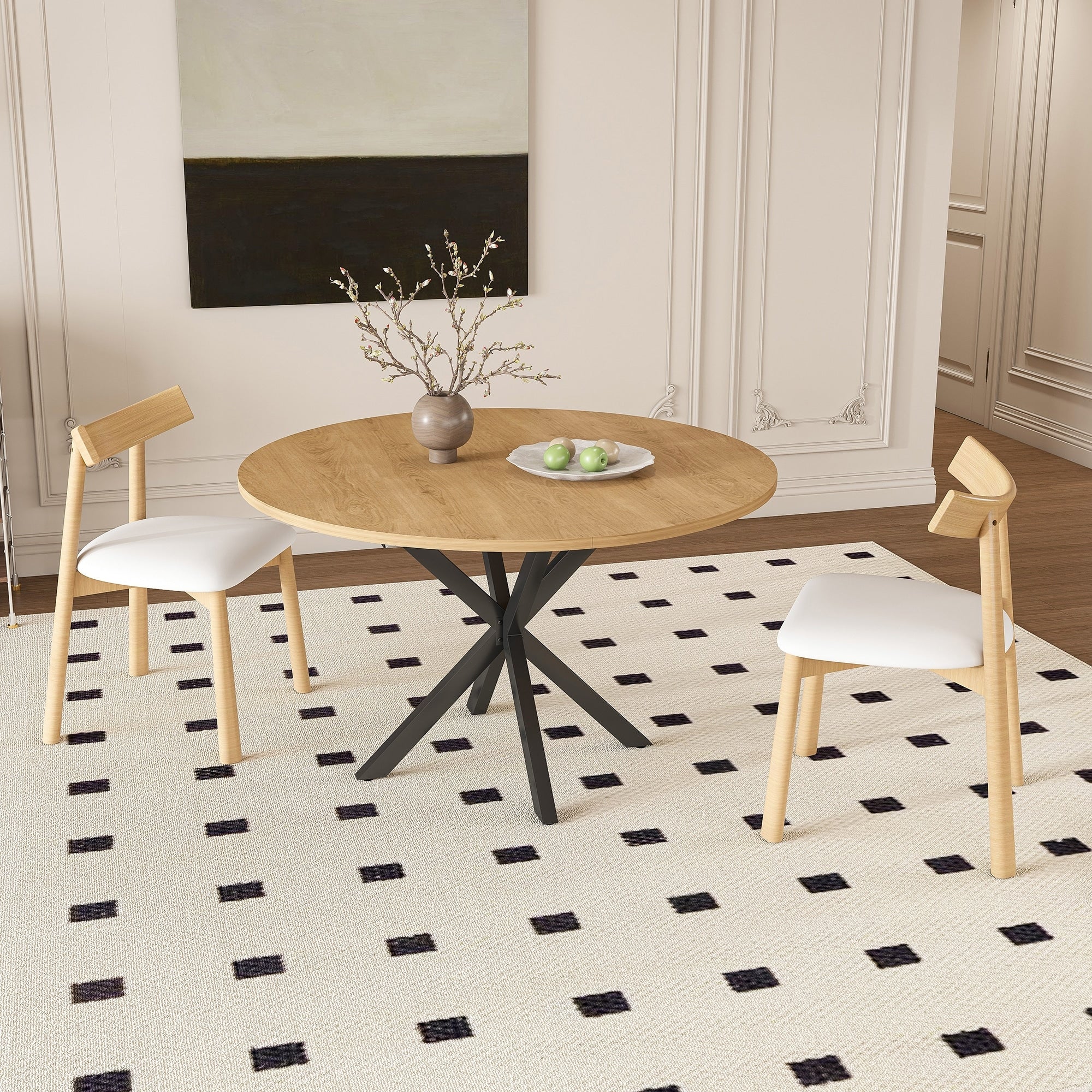 Extendable Round Dining Table Set For 2 6 Person 43 To 58 Inch Expandable Table With Carbon Steel Base 2 Solid Wood Chairs