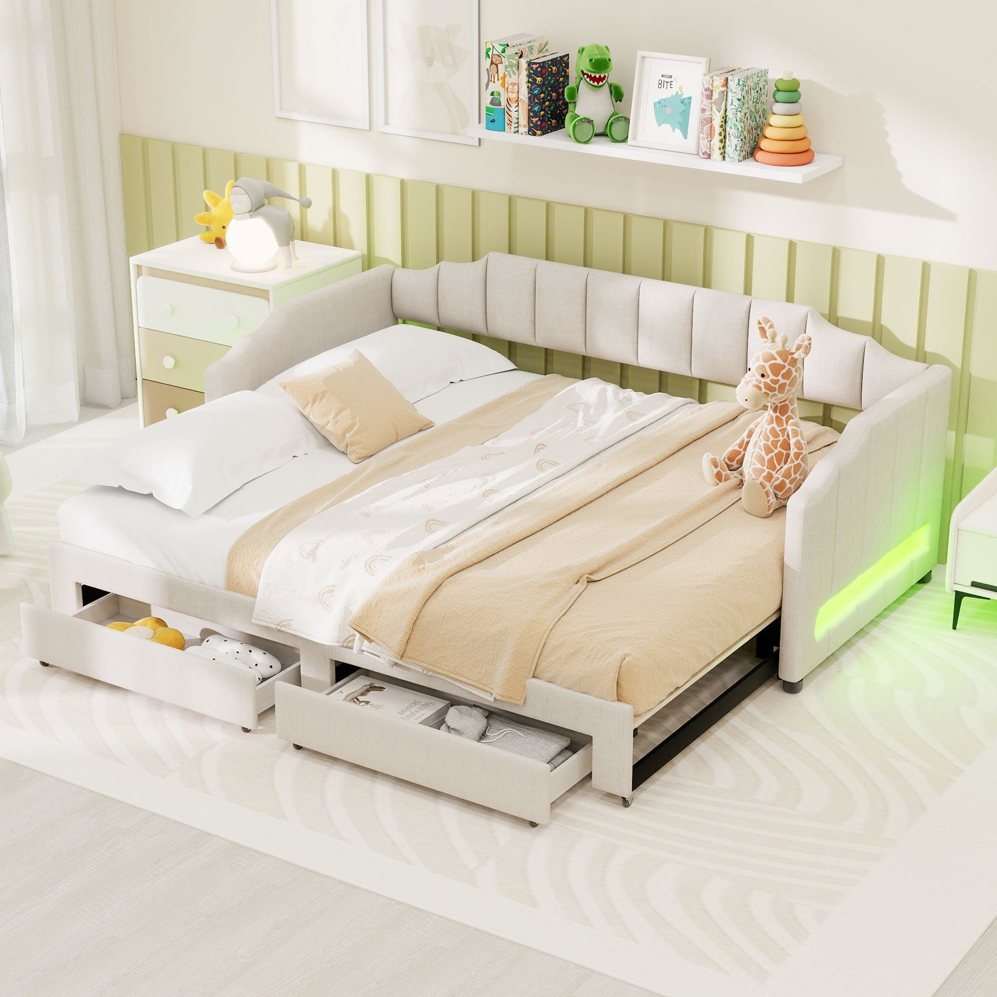 Extendable Upholstered Daybed With Storage Drawers Led Light