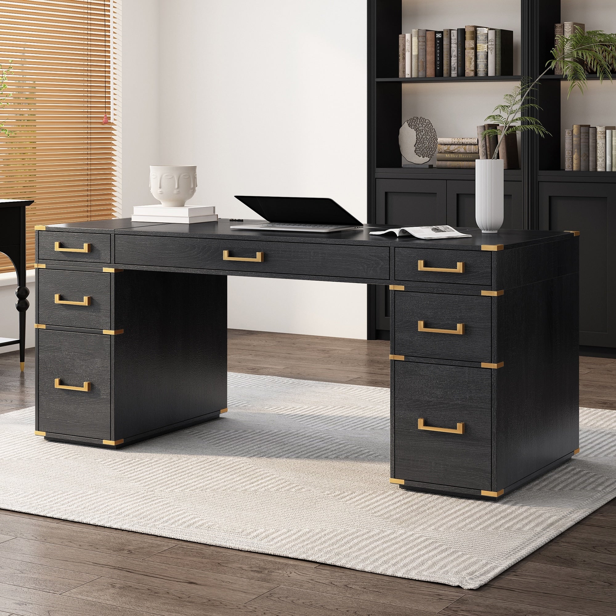 Extra Large Classic And Traditional Executive Desk With Metal Edge Trim Writing Desk With 2 File Drawers Usb Ports And Outlets