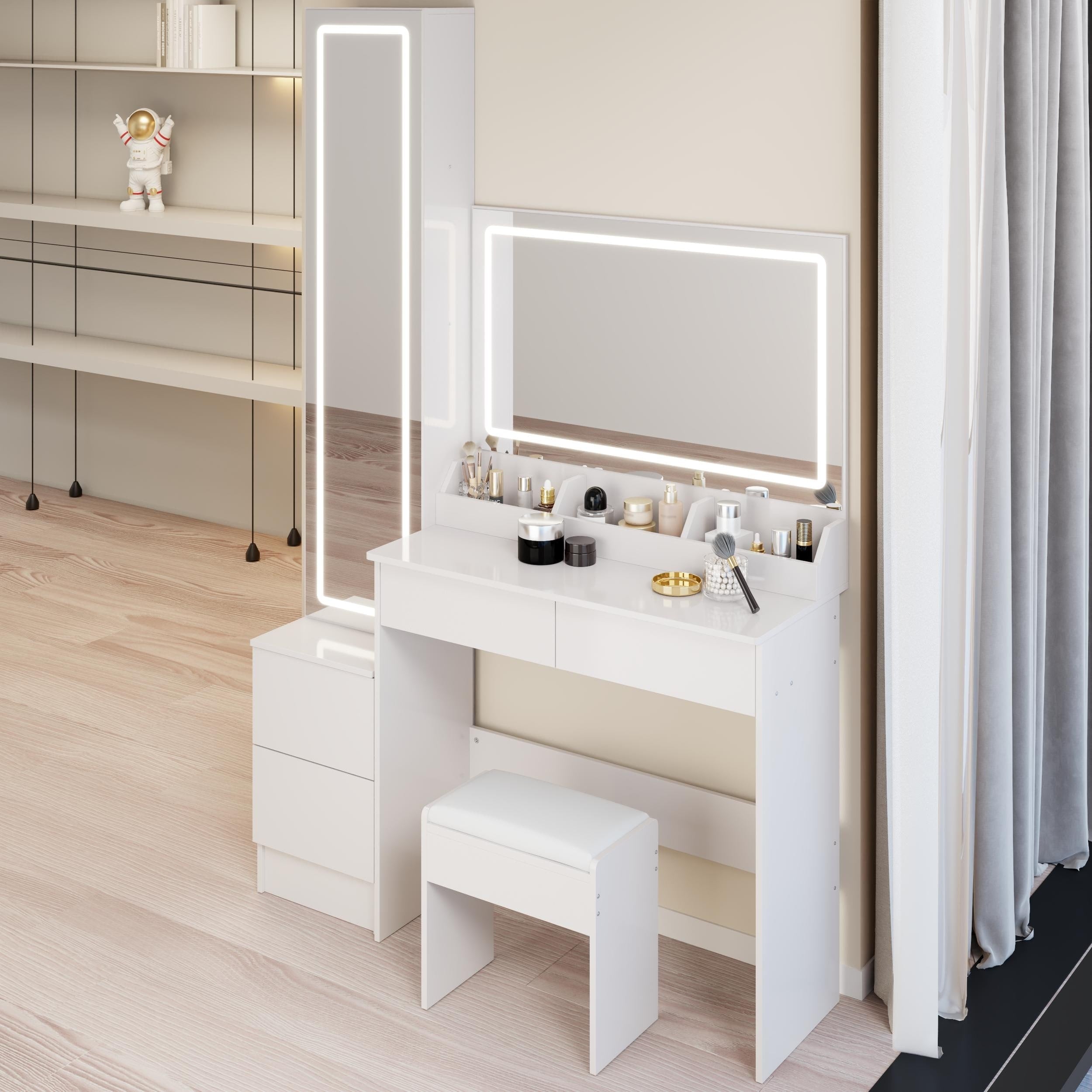 Extra Large Mirror Vanity Table Led Dressing Mirror Cabinet Cushioned Stool Large Led Mirror Multi Layer High Capacity Storage