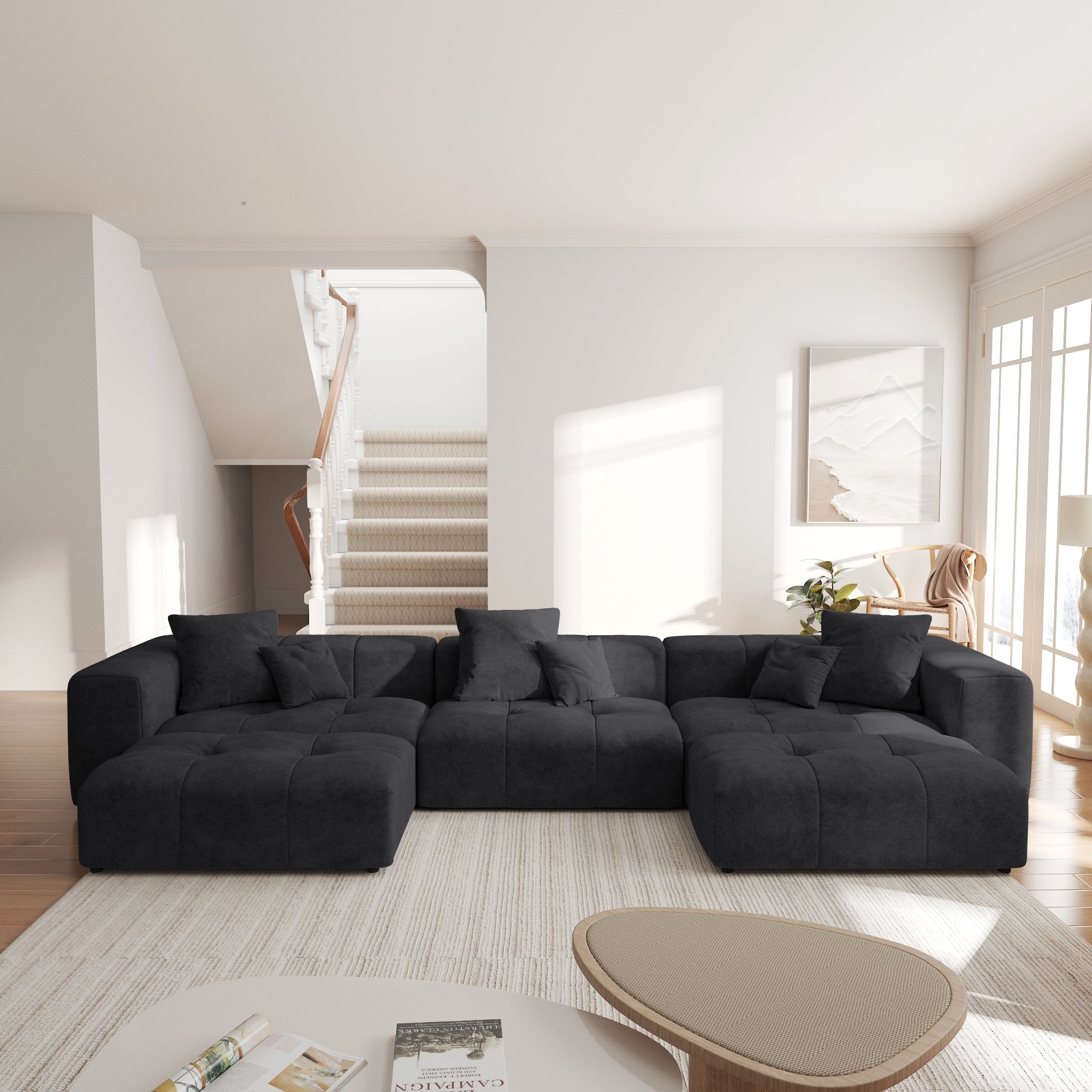 Extra Linen Upholstered Sectional Sofa 3 Seater Deep Seats Modular Couch With 2 Ottoman