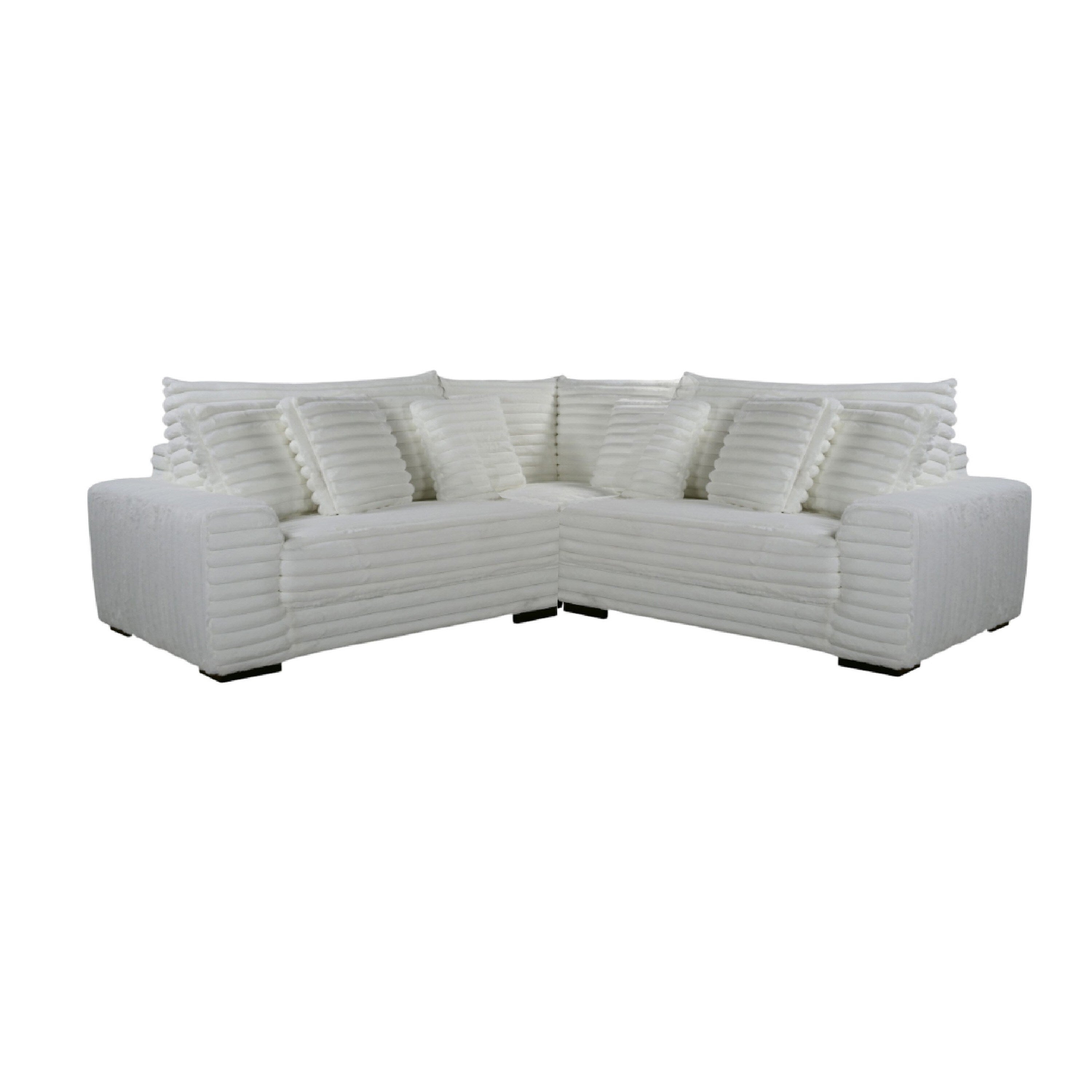 Ezo 3Pc Modular Sectional Sofa Set 6 Pillows White Ribbed Polyester