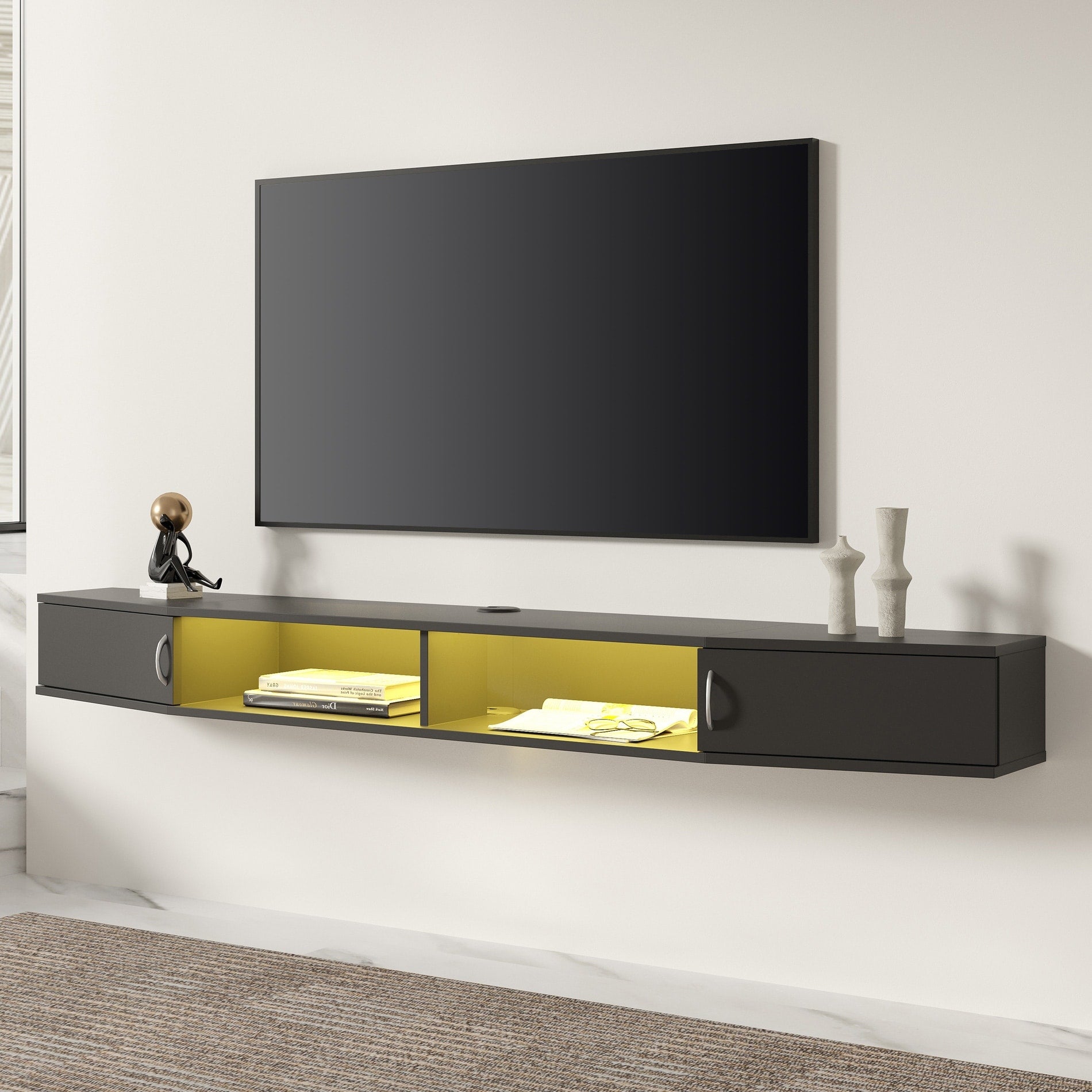 Fitueyes Floating Wall Mounted Tv Console Storage Shelf Modern Tv Stand Media Console Walnut Ds211802Ww 55 Inches