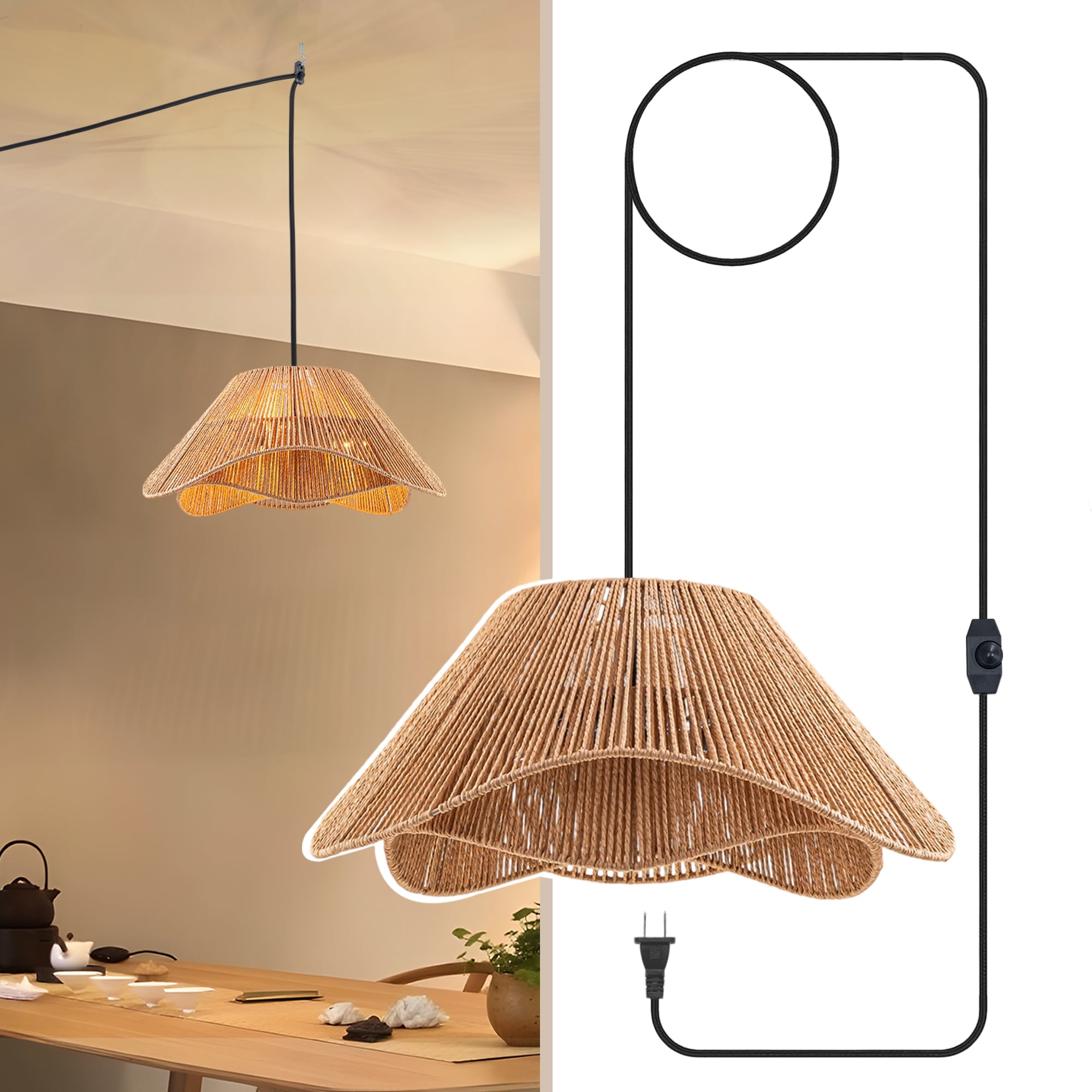 Ftl Rattan Plug In Pendant Light For Ceiling Farmhouse Boho Woven 19.7 Inch