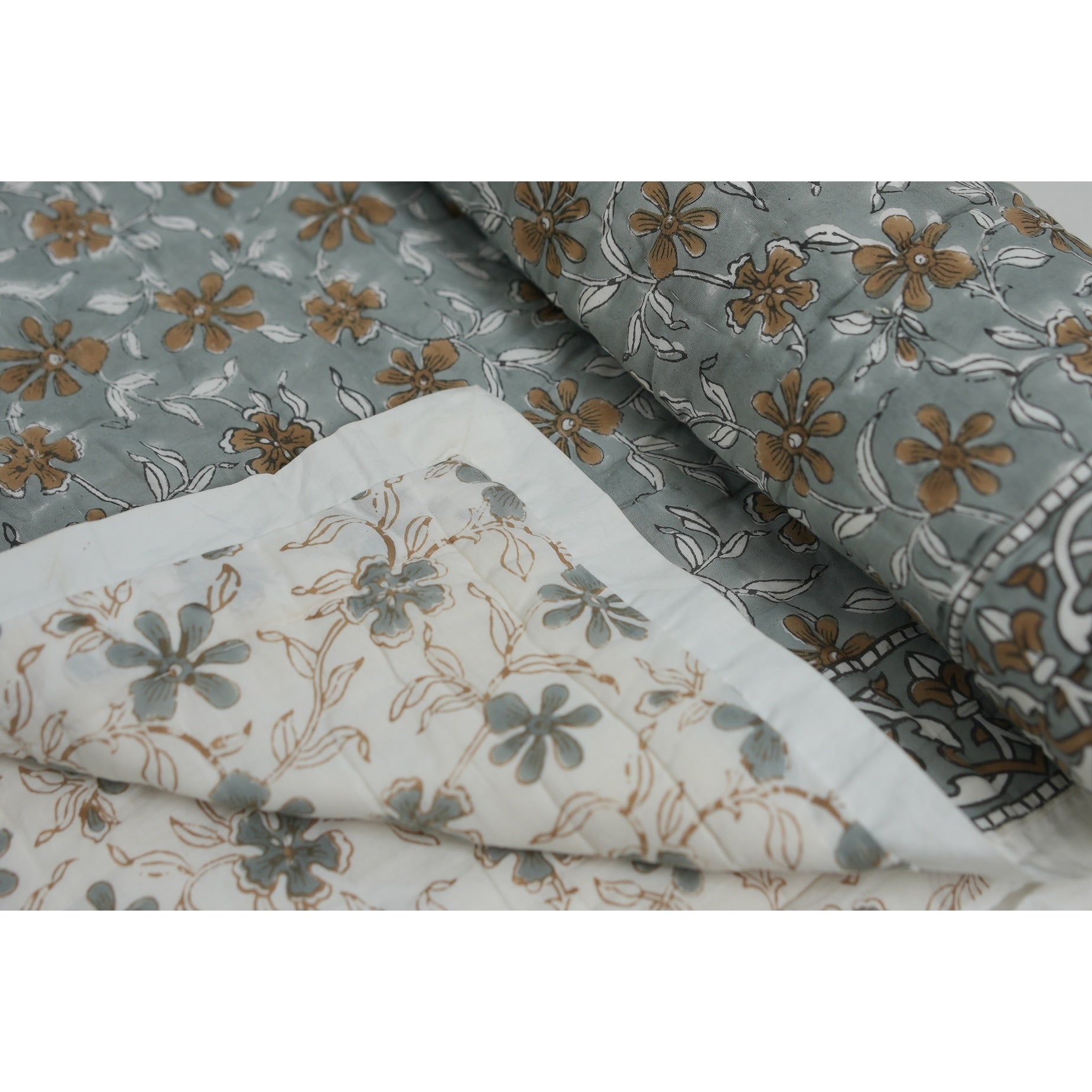 Fabdivine Artisan Handmade 100 Cotton Quilt Brown Green Floral Block Print Reversible Bohemian Bedding For Home