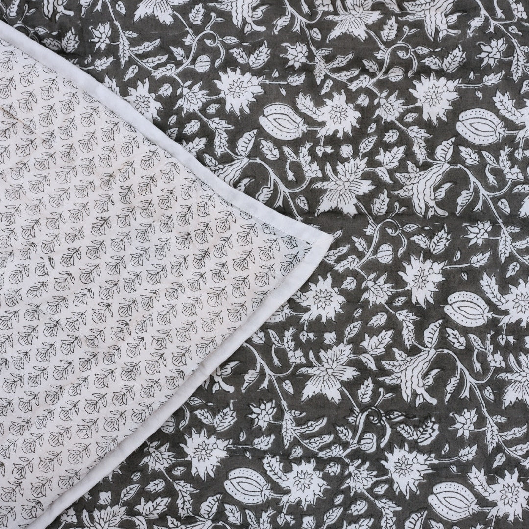 Fabdivine Bohemian Hand Block Print Cotton Quilt Gray White Floral Reversible Ethnic Bedding For Bedroom Manikarnika Tarangni