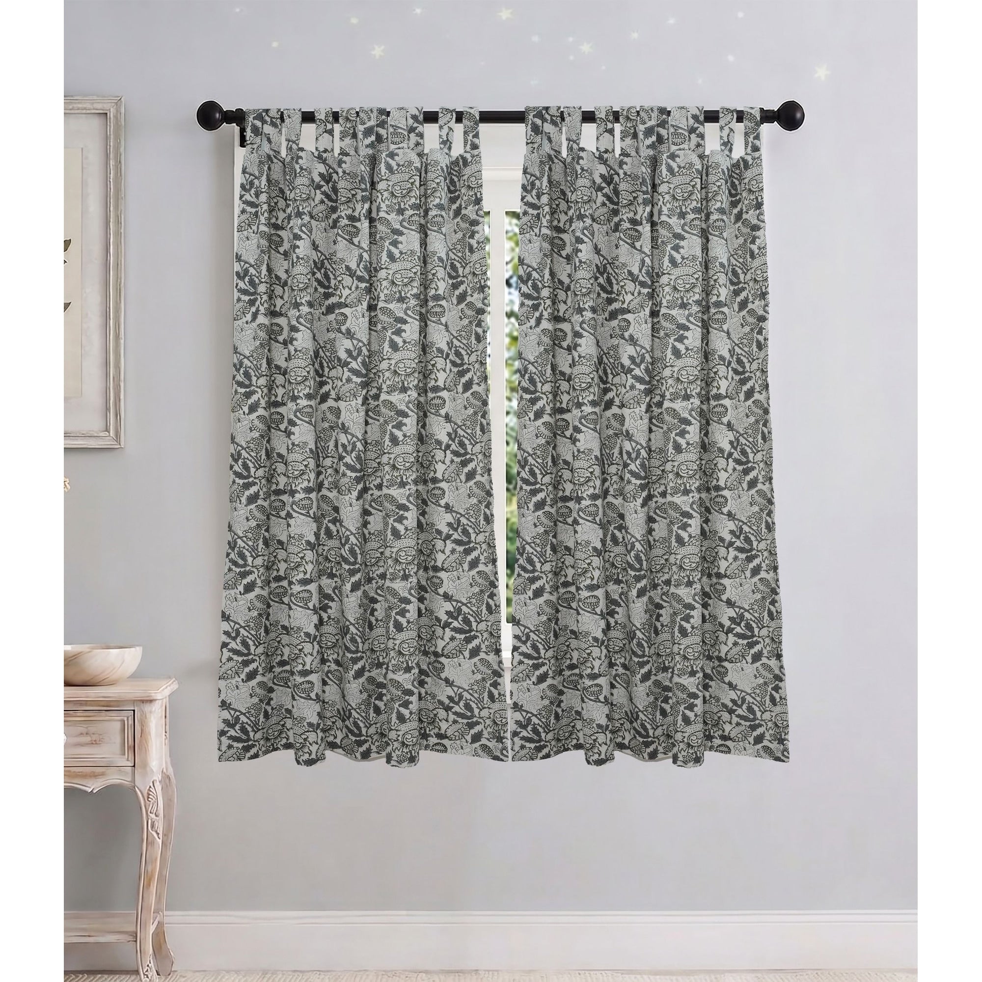Fabdivine Botanical Floral Print Tab Top Curtains Boho Charcoal Grey Black Window Drapes