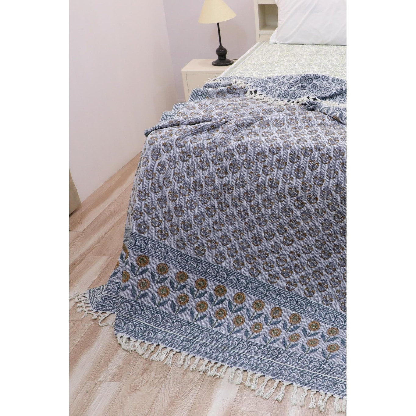 Fabdivine Chuimui Handmade Modern Block Print Blanket Artisan Home Textile Decorative Couch Bed Cover With Fringe 90 X54