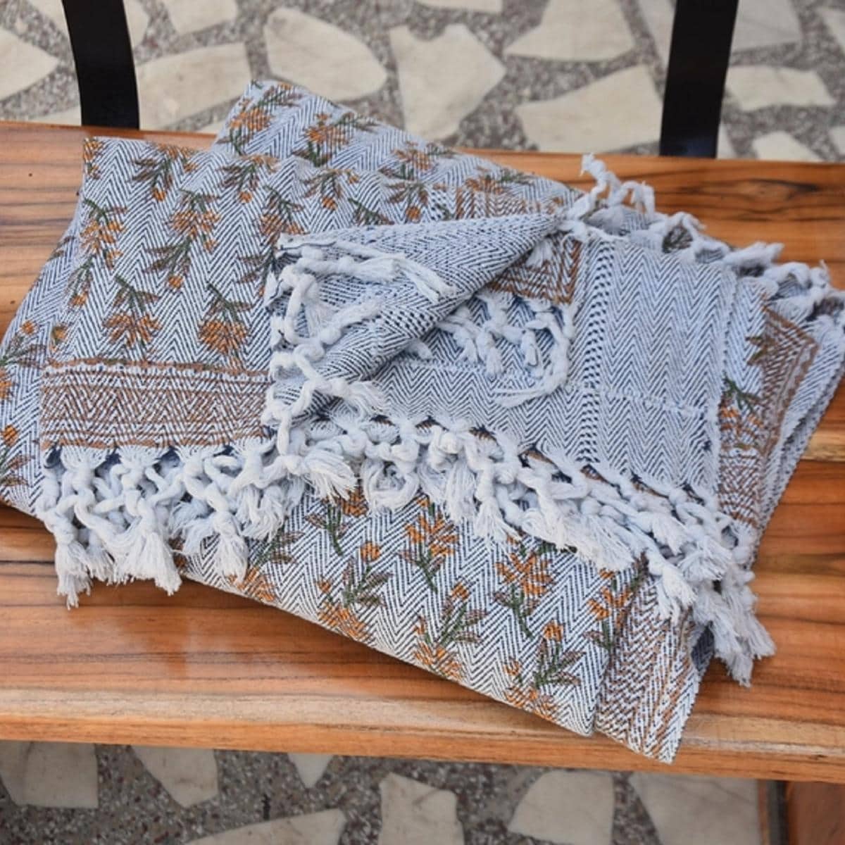 Fabdivine Deepika Handwoven Cotton Throw Blanket Artisan Block Print Decorative Sofa Bed Accent With Fringe 90 X54