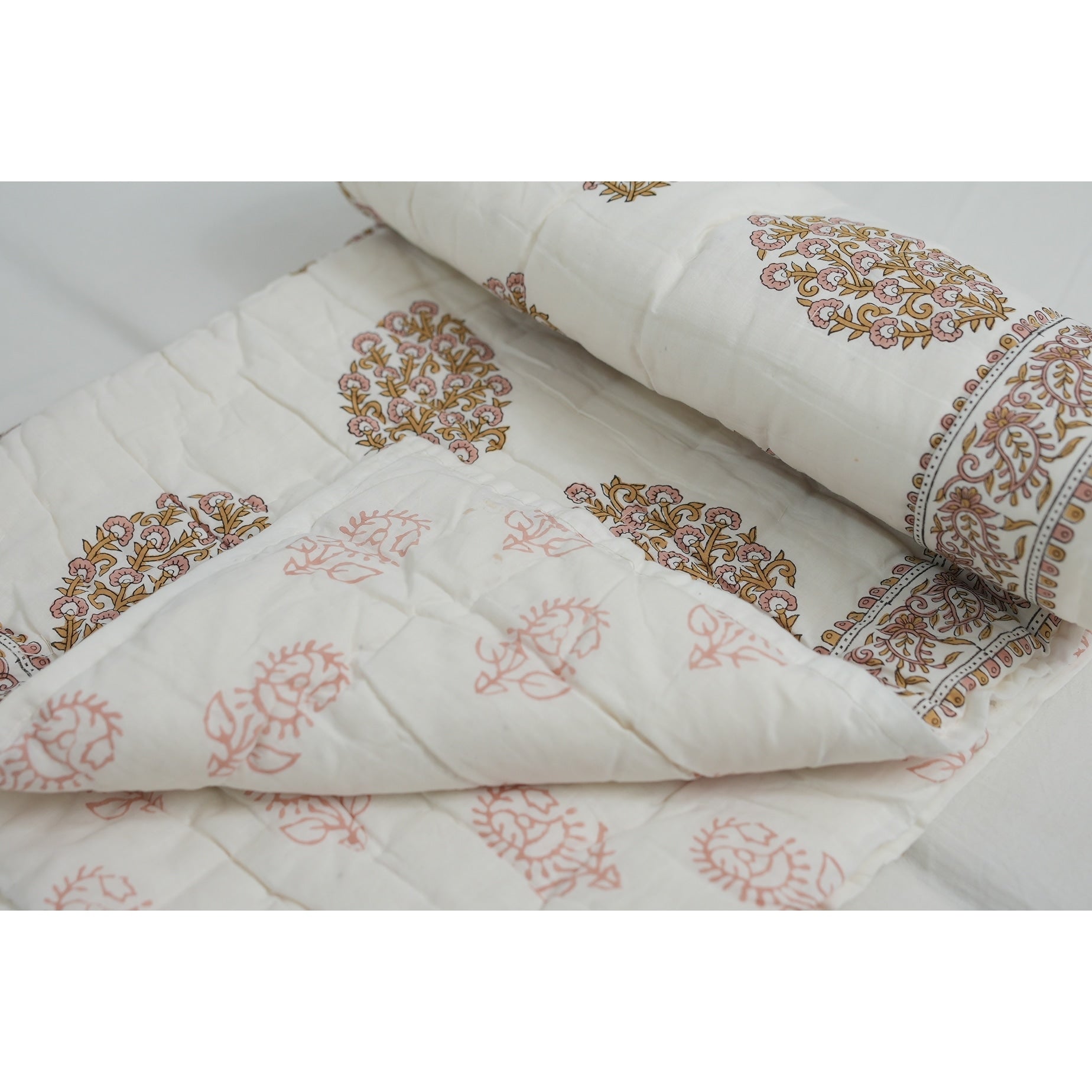 Fabdivine Floral Print Cotton Traditional Bedding Quilt Guldasta Brown Pink Handmade Reversible Bedspread For Bedroom Decor