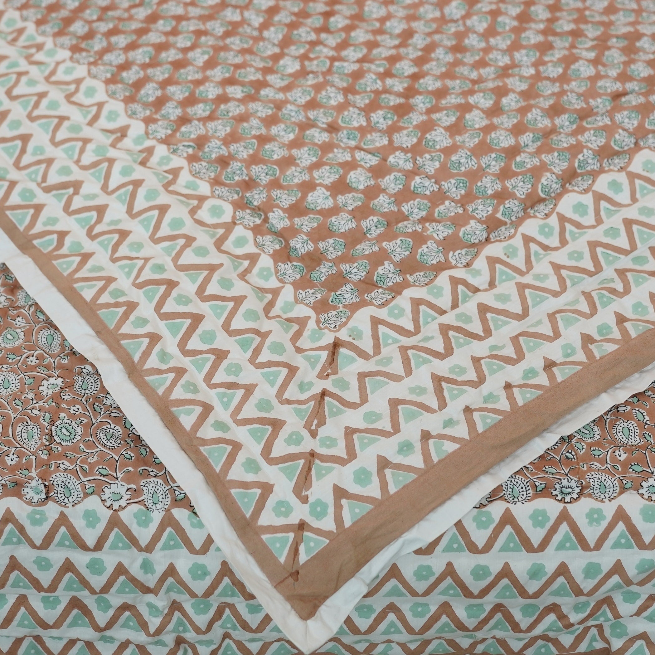 Fabdivine Green Brown Handmade Cotton Quilt Floral Traditional Block Print Reversible Premium Bedspread Decorative Bedding