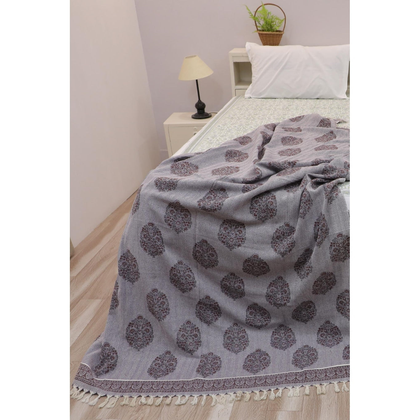 Fabdivine Guldasta Handcrafted Cotton Blanket Floral Print Throw For Living Room Bed Or Sofa With Hand Tied Fringe 90 X54