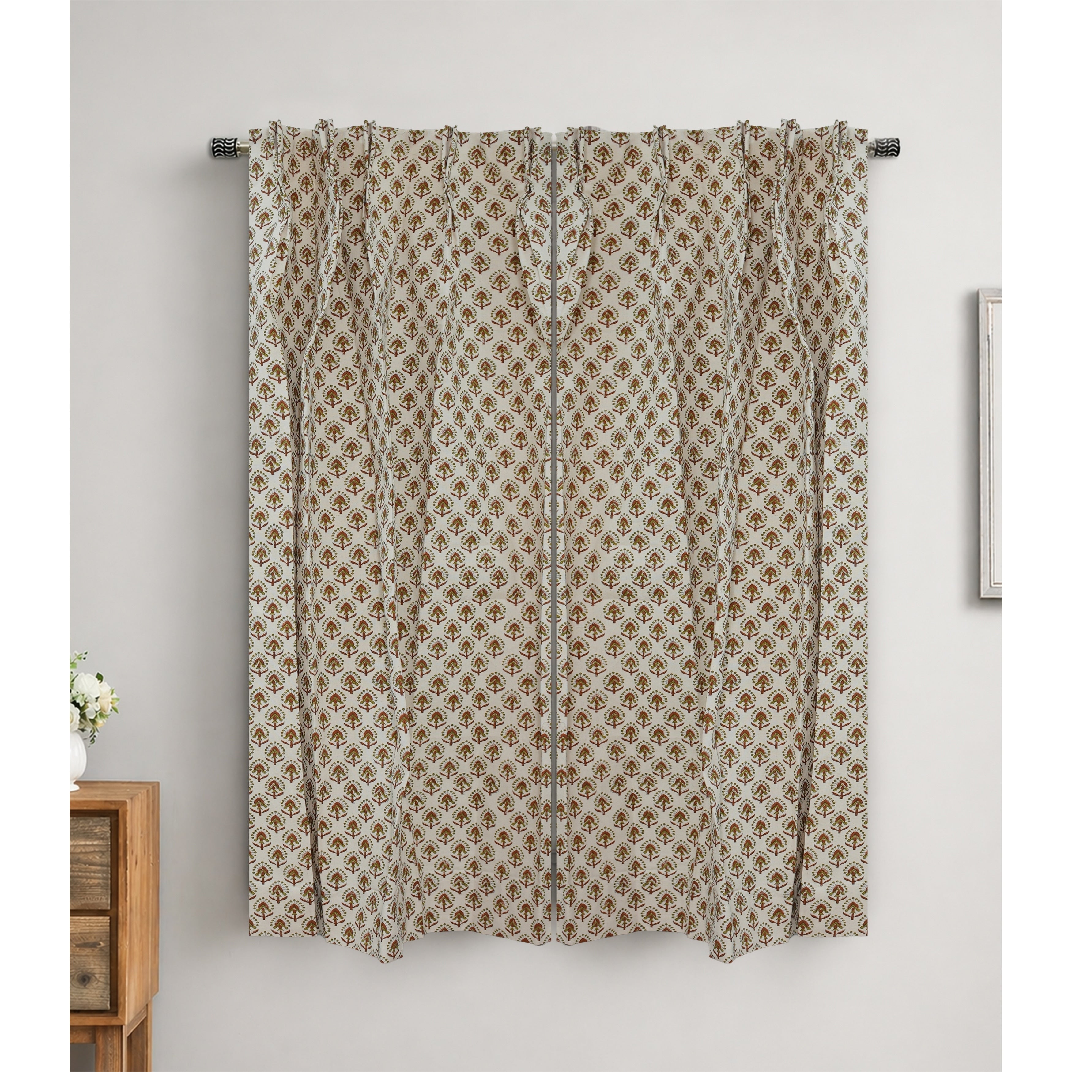 Fabdivine Gurukul Red Green Cotton Block Print Curtains Handmade Semi Sheer Pleated Window Drapes